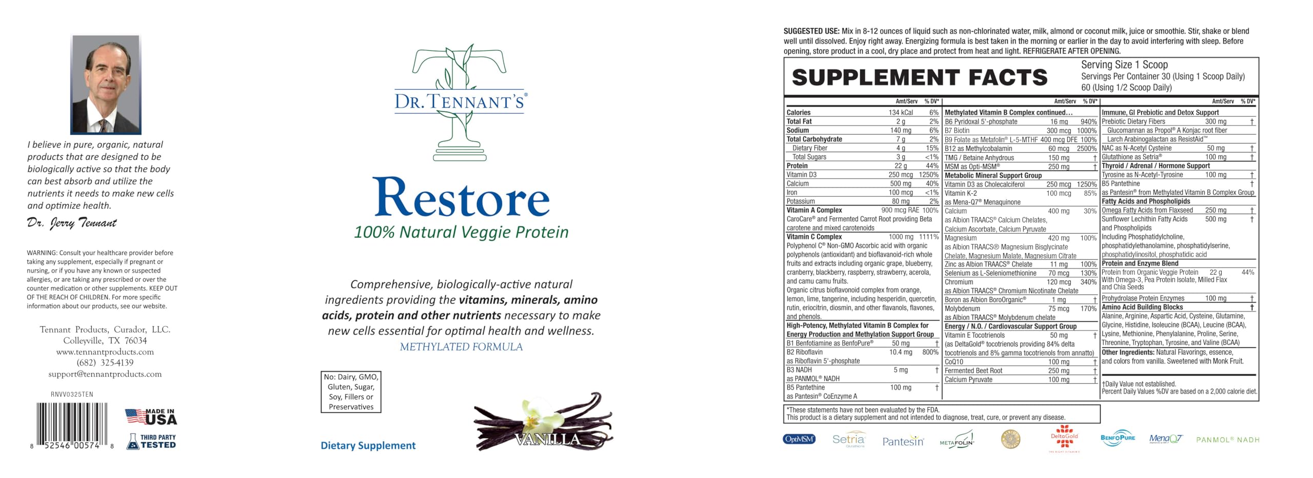 Restore Vanilla Veggie Protein | Premium Plant-Based Protein - 100% Natural and Omega 3 Fusion, Including Pea Protein Isolate - Low Carb, Keto, Dairy Free - 30 Day Supply Dr. Tennant's Dr. Tennant's Au supplements