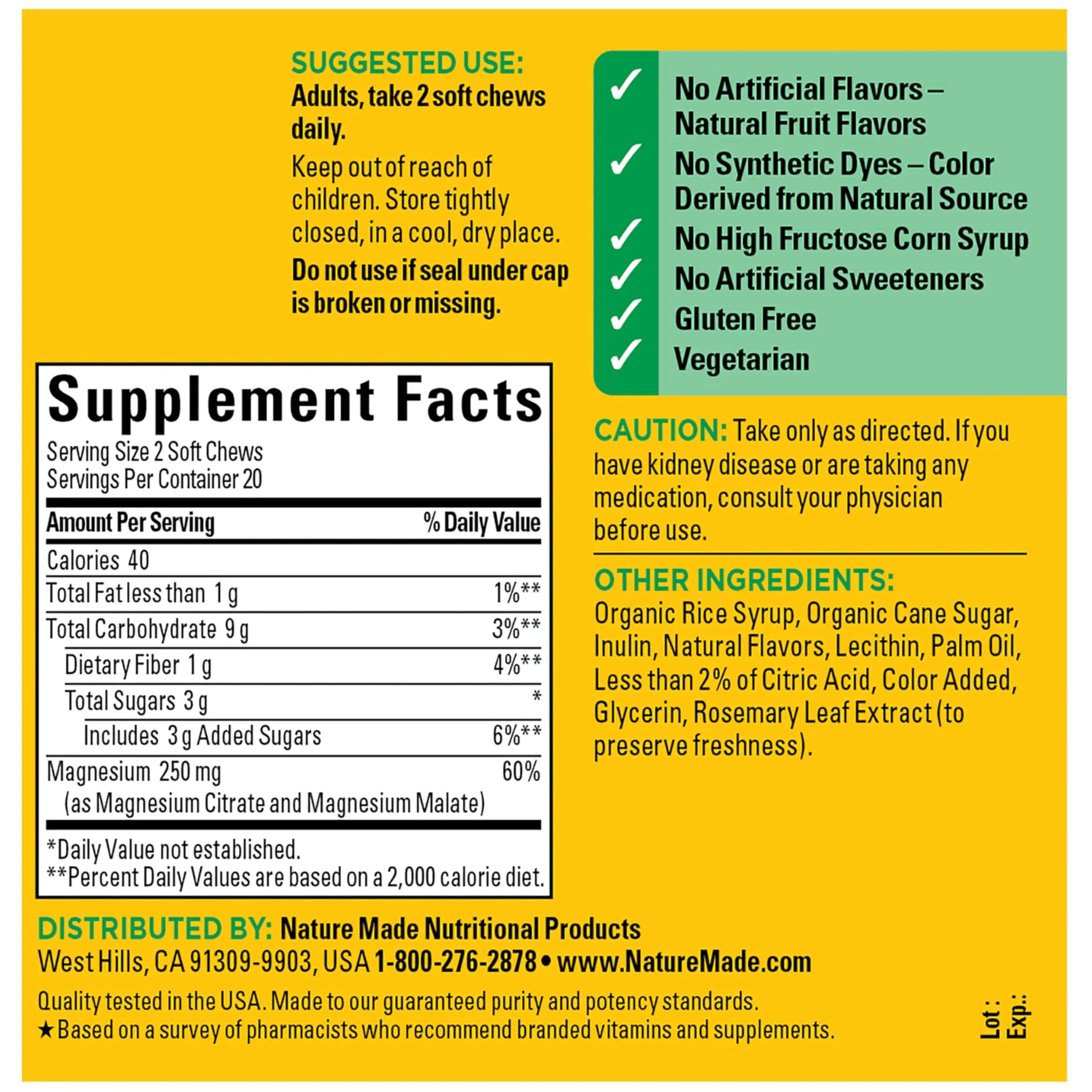 Nature Made High Absorption Magnesium Complex Soft Chews, Magnesium Supplement for Muscle, Heart, Bone Support, Magnesium Citrate & Malate Blend 250 mg per Serving, 40 Vegetarian Chews, 20 Day Supply Nature Made Au supplements