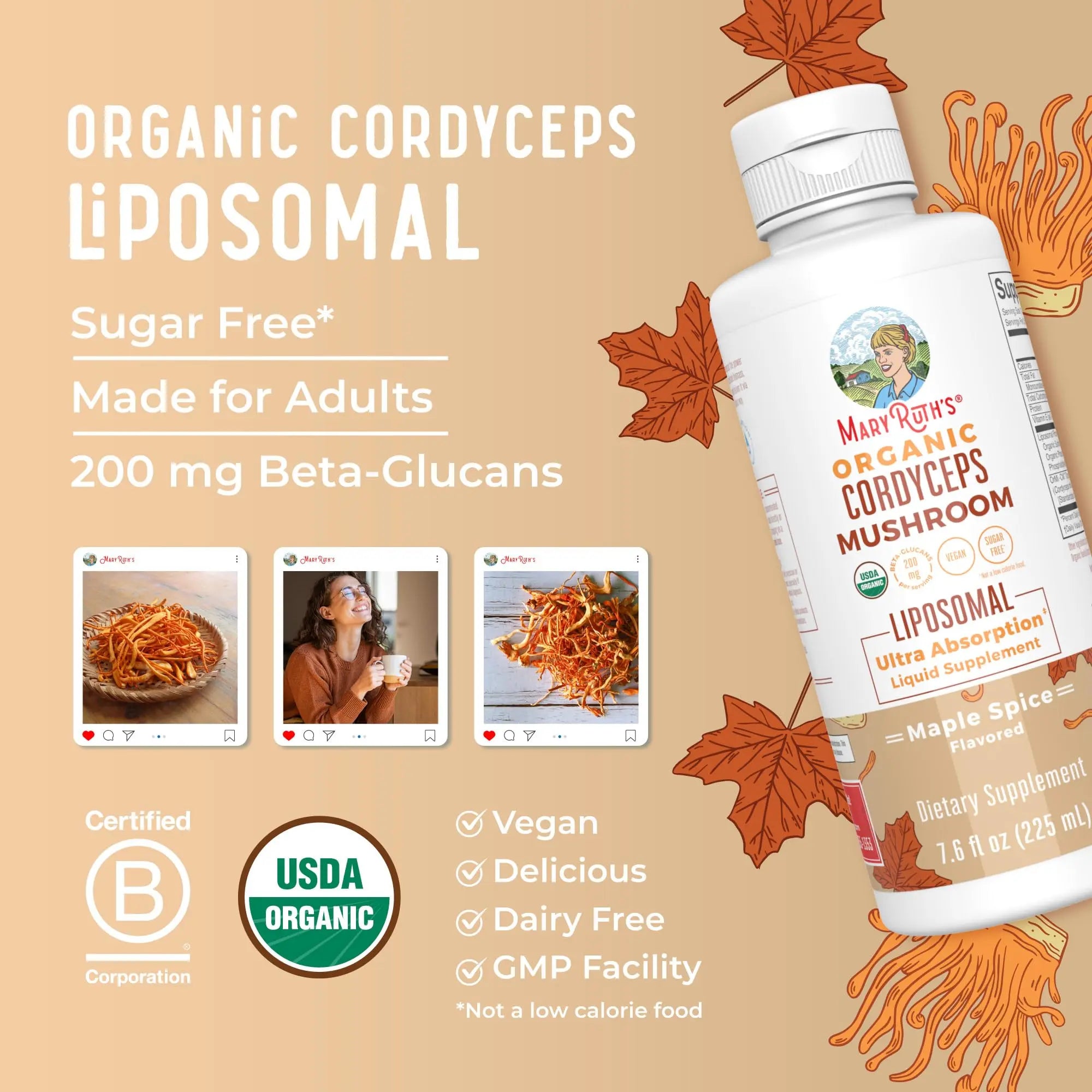 MaryRuth Organics Cordyceps Mushroom Supplement | Ultra Absorption Liposomal | Full Spectrum Mushroom | 200mg Beta-Glucans Per Serving | USDA Organic | Vegan | 7.6 oz | 15 Servings MARYRUTH'S Au supplements