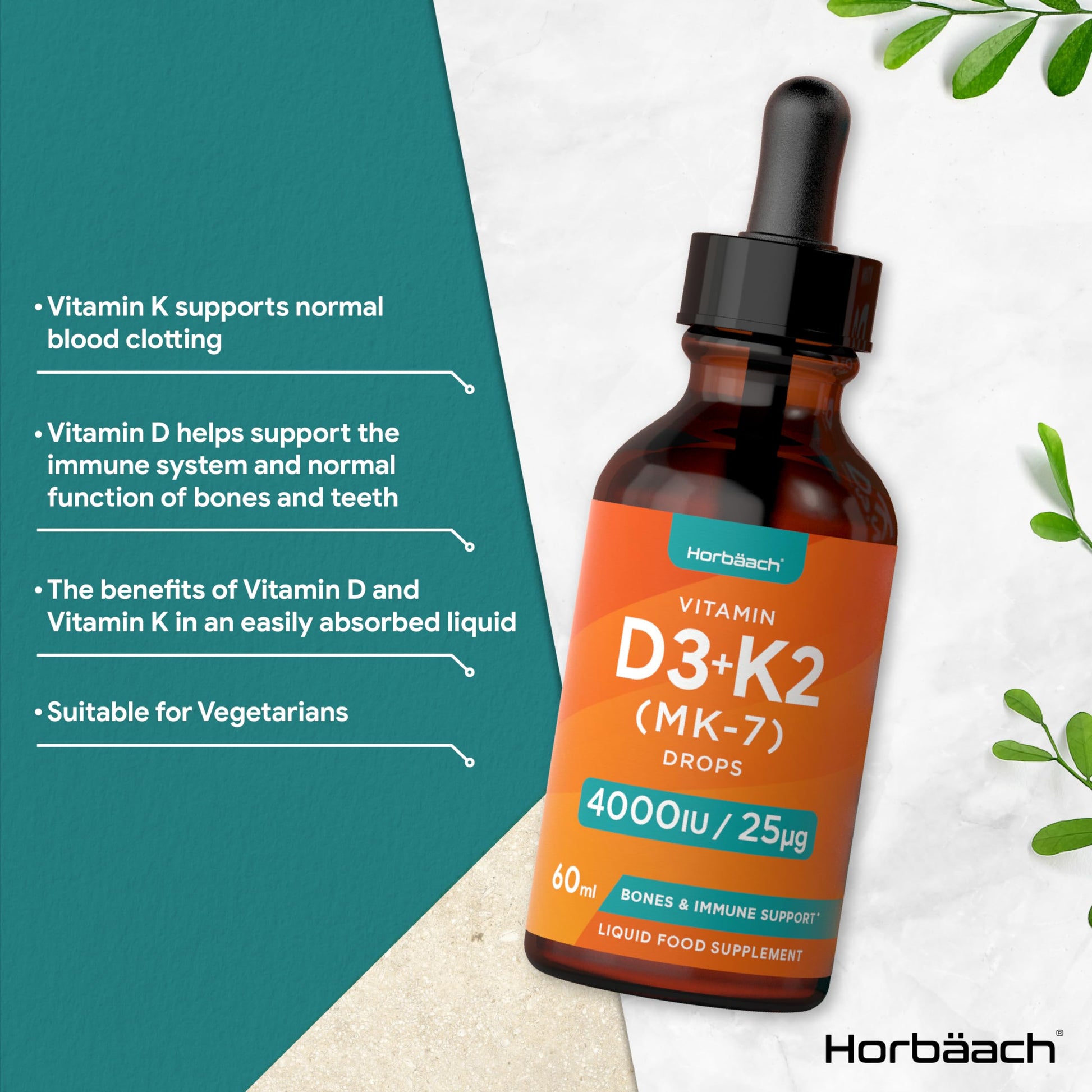 Vitamin D3 K2 Drops | 60mL | High Strength Vitamin D3 4000iu and K2 25ug | No Artificial Horbäach Au supplements