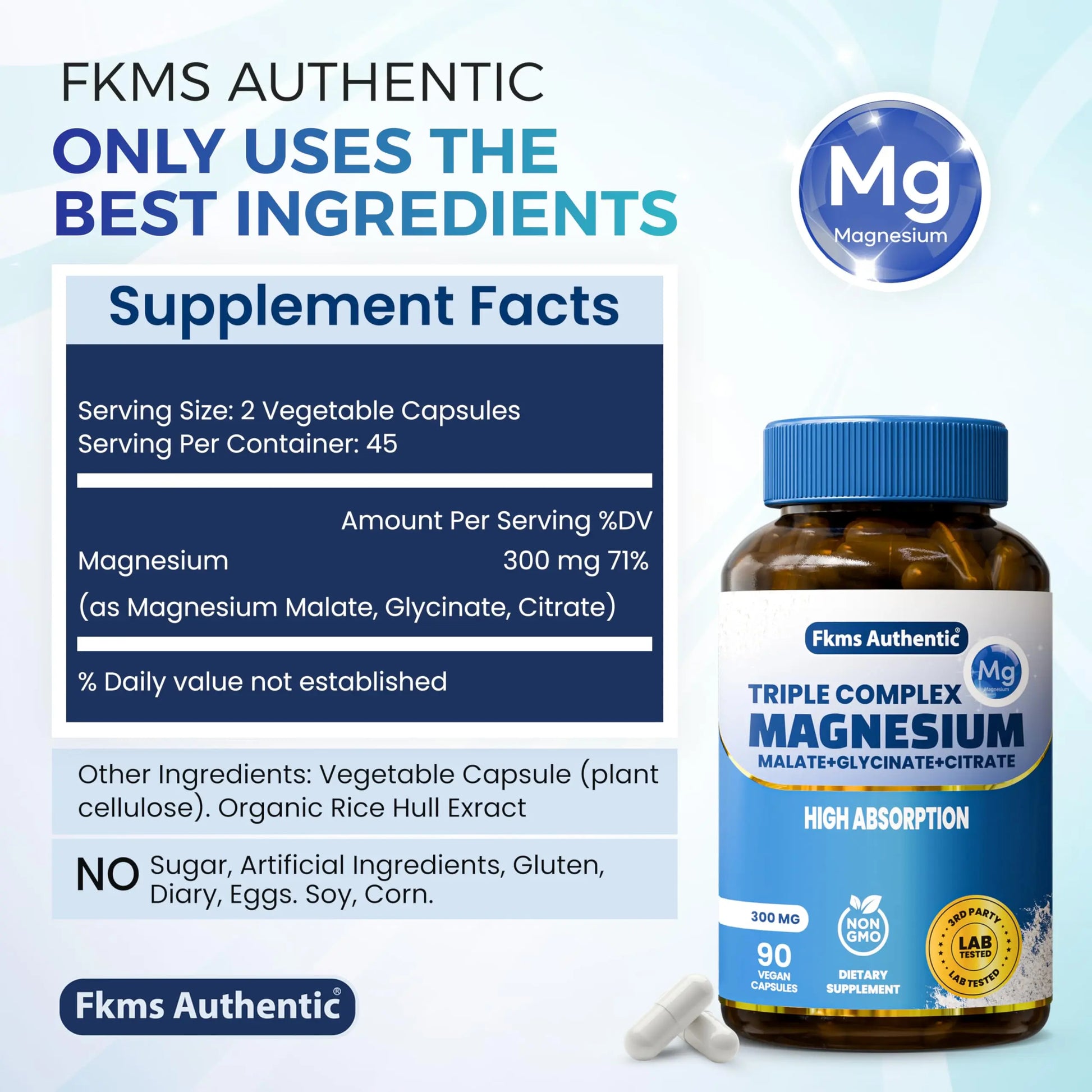 FKMS Authentic Triple Magnesium Complex | 300mg Magnesium Glycinate, Malate & Citrate for Sleep, Stress & Muscle Support | Non-GMO, Vegan, Gentle on Stomach | High Absorption | 90 Capsules FKMS AUTHENTIC Au supplements