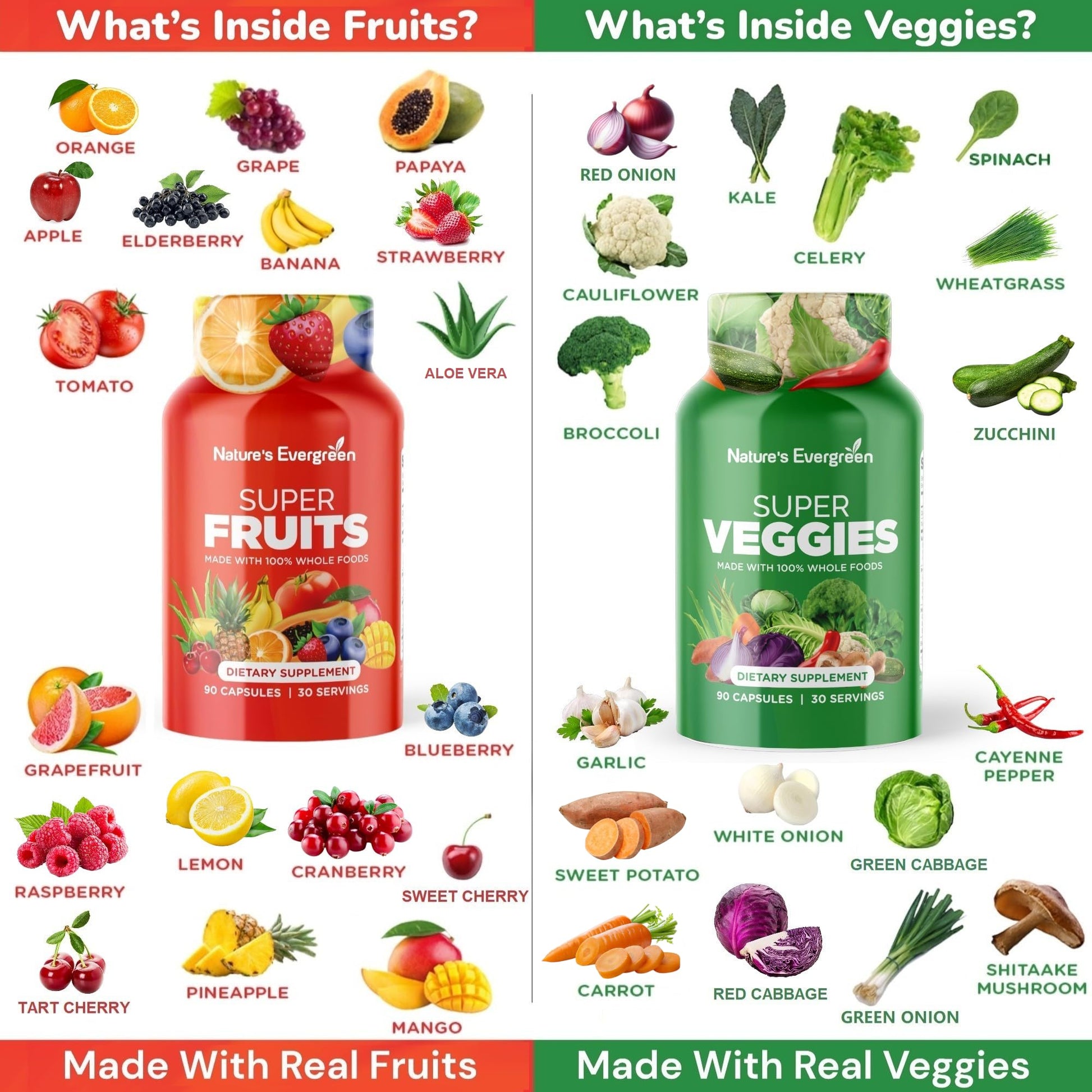 Fruits and Veggies Supplement - Nature Fruits and Vegetables Supplements - Vegan, Non GMO, Soy Free, Superfood Vitamins & Minerals Nutritional Balance - (Total 180 Capsules - Pack of 2) Made in USA Nature's Evergreen Au supplements