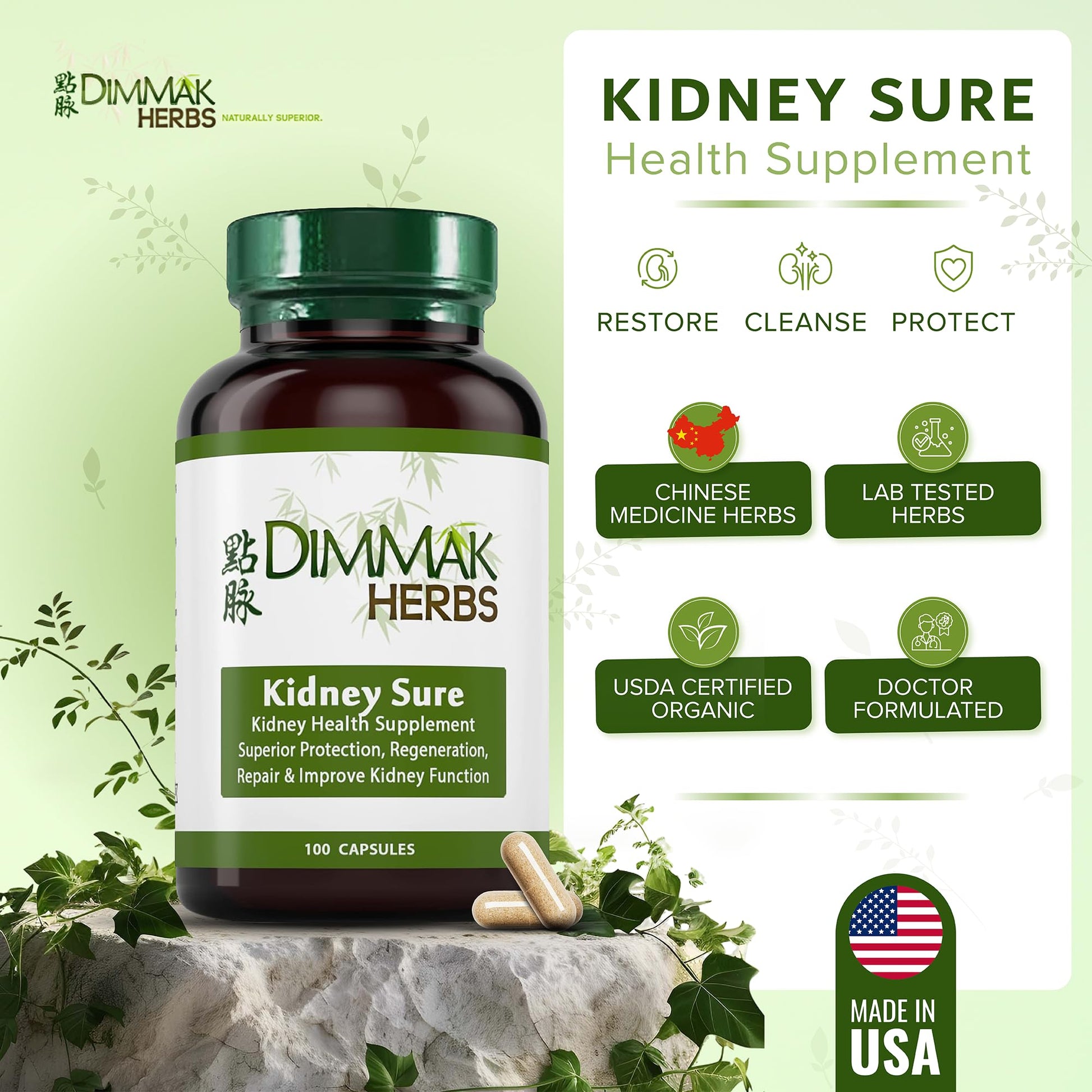 Dimmak Herbs Kidney Sure- Kidney Cleanse & Revitilization Tonic- Organic Herbal Support for Renal Health, Urinary Tract Flow & Vitality- TCM Doctor Formulated, Vegan- 400mg 100 Capsules Dimmak Herbs Au supplements