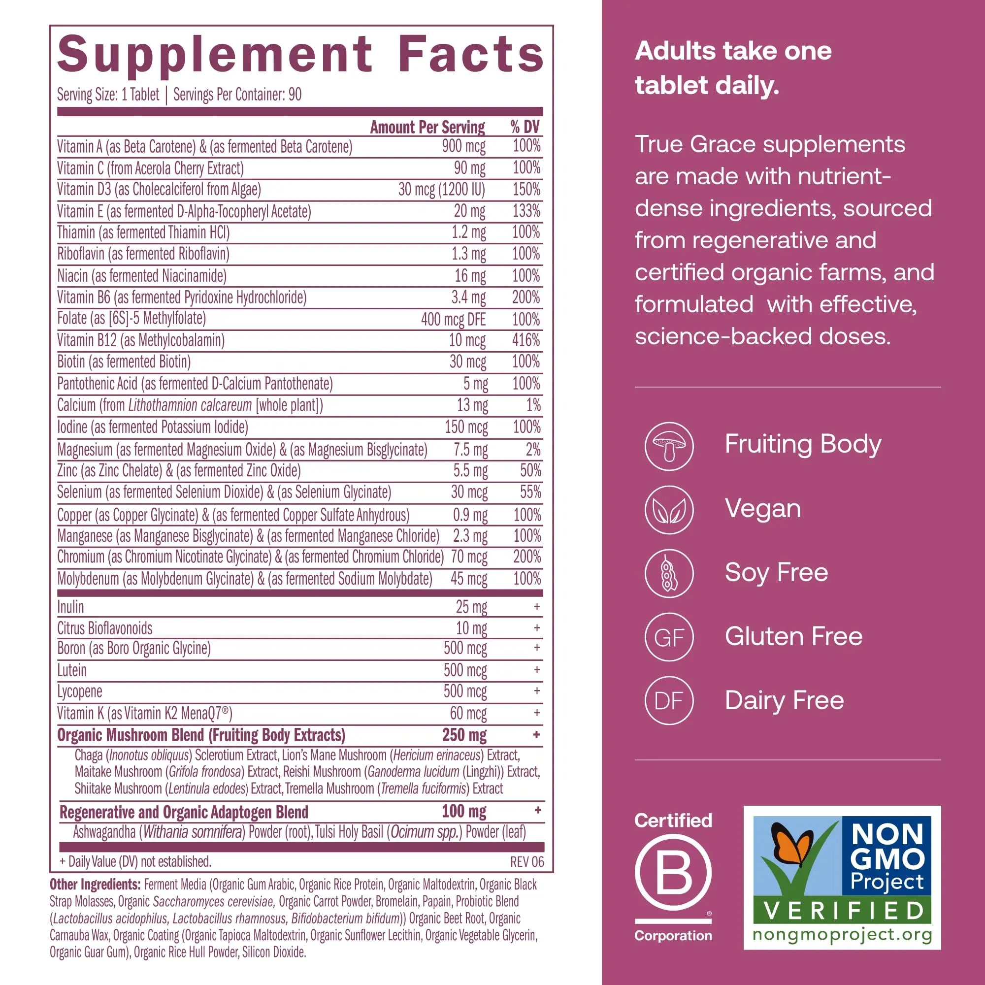 True Grace One Daily Women’s Multivitamin 40+ Fermented Minerals, Organic Adaptogens & Mushrooms Energy, Immune, Bone Support True Grace Au supplements