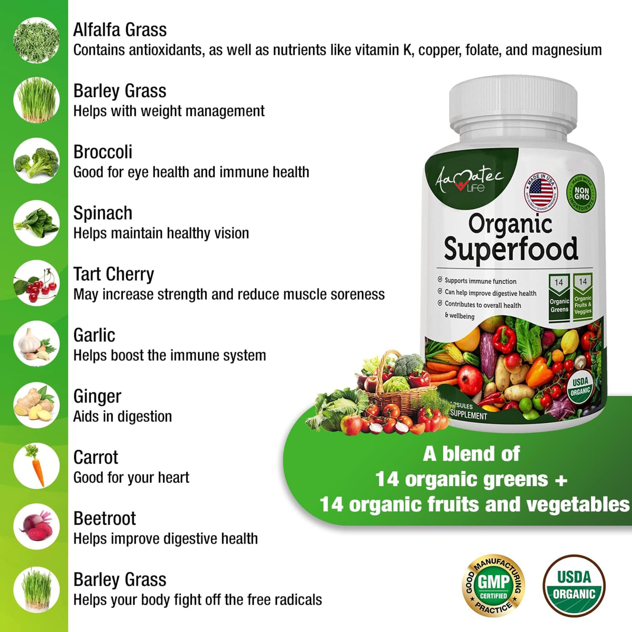 AAMATEC LIFE Organic Superfood Greens Fruits and Veggies Complex - Dietary Supplement with 14 Greens &14 Vegetables with Alfalfa Rich in Antioxidants Organic Ingredients Non-GMO (120 Count Pack of 2) AAMATEC LIFE Au supplements