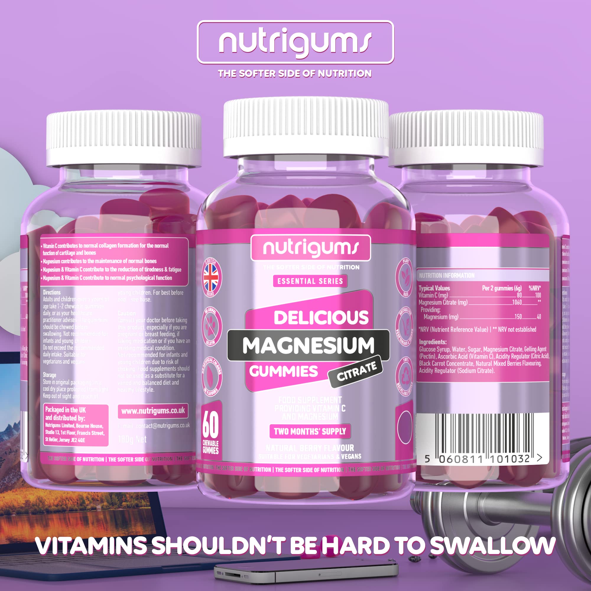 Magnesium Citrate 1250mg & Vitamin C Gummy | Mixed Berry Flavour | 60 Vegan Gummies Nutrigums Au supplements