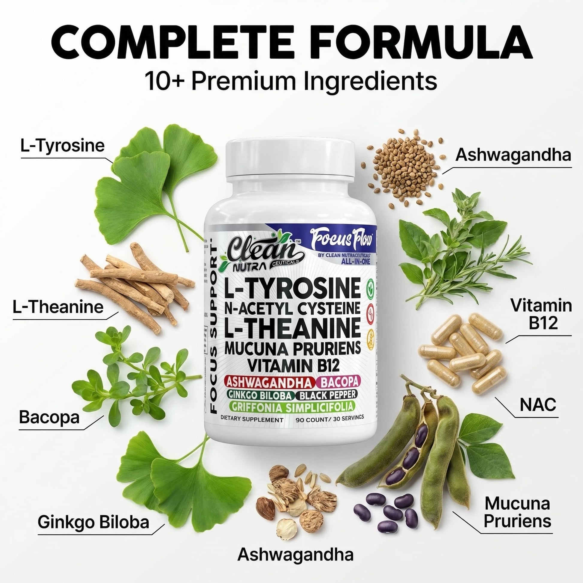 Focus Flow L-Tyrosine Vitamin B C D L-Theanine Ashwagandha Ginkgo Biloba Vitamin B12 Thiamine Black Pepper N-Acetylcysteine Mucuna Pruriens 90 Count Capsules by Clean Nutra Clean Nutraceuticals Au supplements