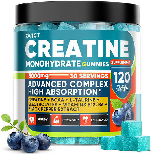 99.99% Creatine Monohydrate Gummies for Men Women 5g, 7-in-1 Pre-Workout Complex with BCAA, Taurine, B12/6 & Electrolytes, 6X Boost Energy, Muscle Strength & Recovery OVICTUS supplements