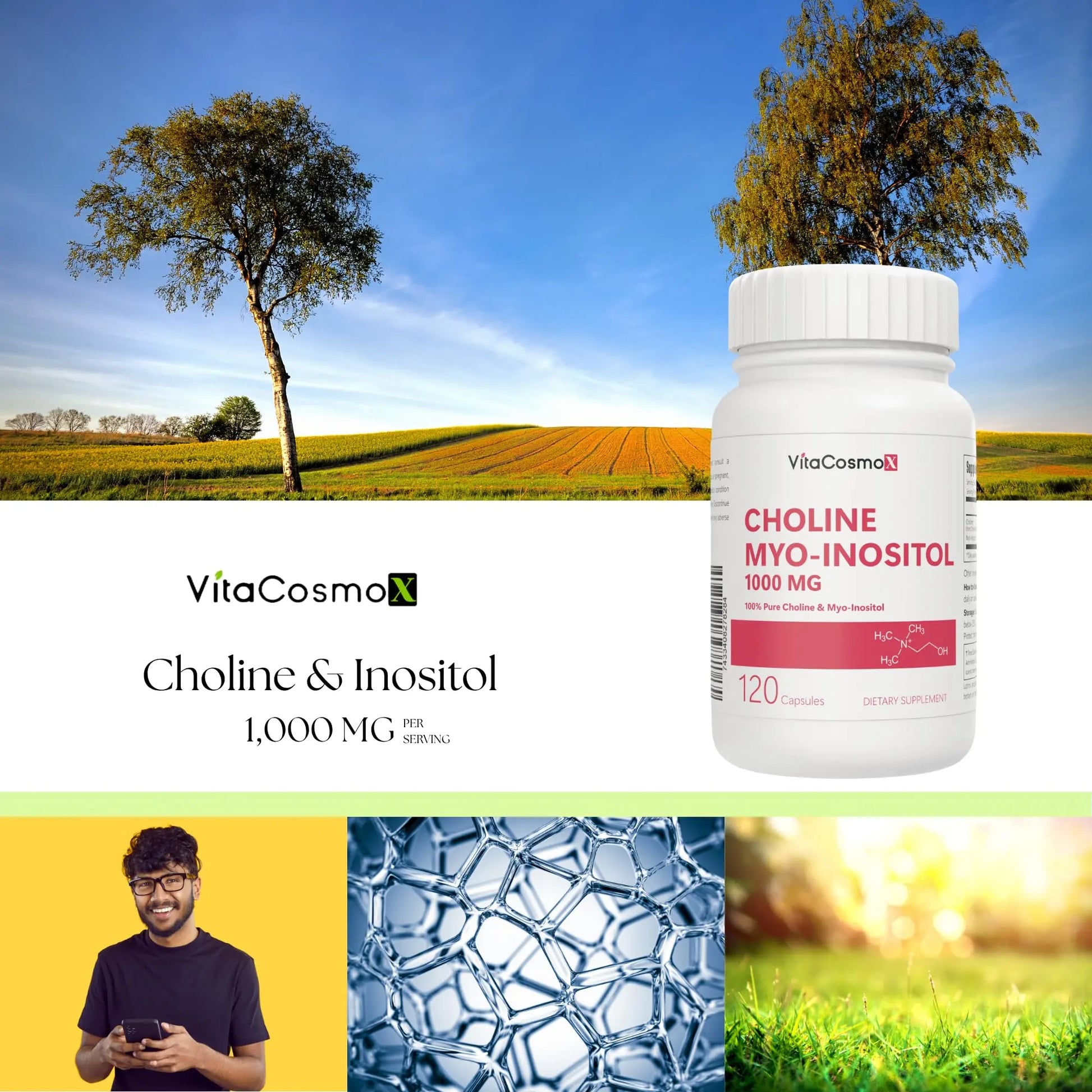 VitaCosmoX Choline and Myo-Inositol Supplement, 1000 mg Each, 120 Veggie Capsules 100% Vegetarian, Non-GMO & Gluten Free VitaCosmoX Au supplements