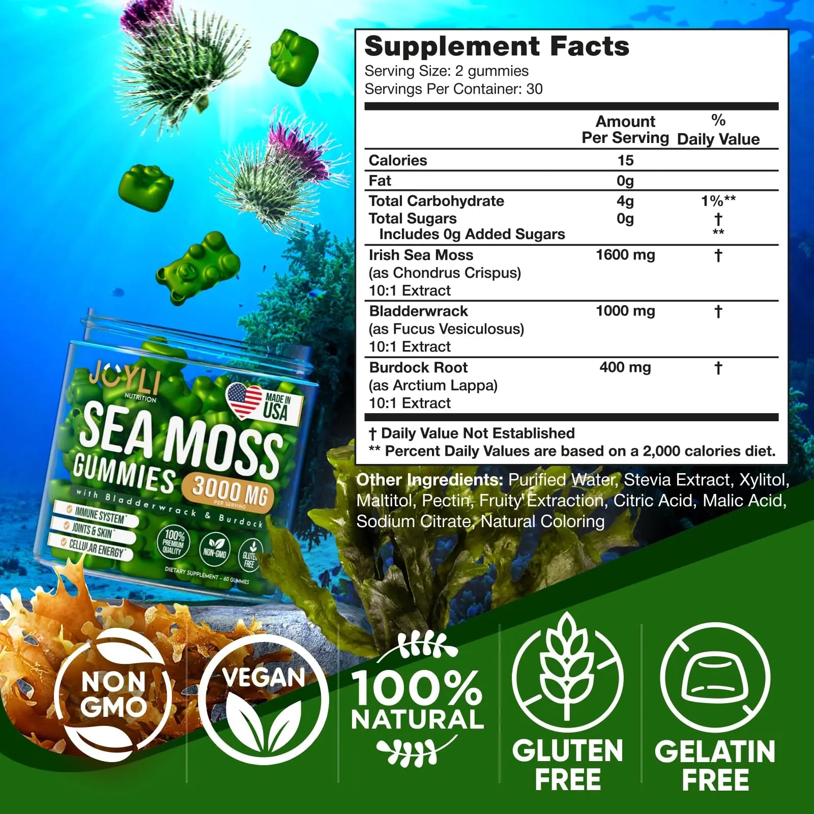 Sea Moss Gummies - Irish Seamoss Gummies for Adults & Kids - Advanced Superfood Supplement with Natural Sea Moss Gel, Bladderwrack & Burdock Root Extract - 60 Vegan Irish Moss Gummy Bears JOYLI Nutrition Au supplements
