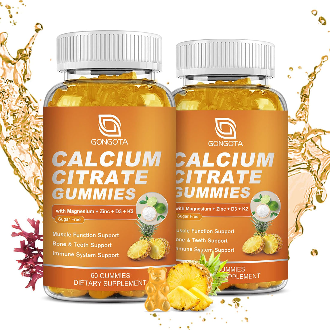 GONGOTA Calcium Citrate 1200mg with Vitamin D3 Gummies, Chewable Calcium for Bone, Muscle, Joints, Immune Support, Calcium Supplements for Women & Men,Sugar Free, Pineapple Flavor - 120 Gummies GONGOTA Au supplements