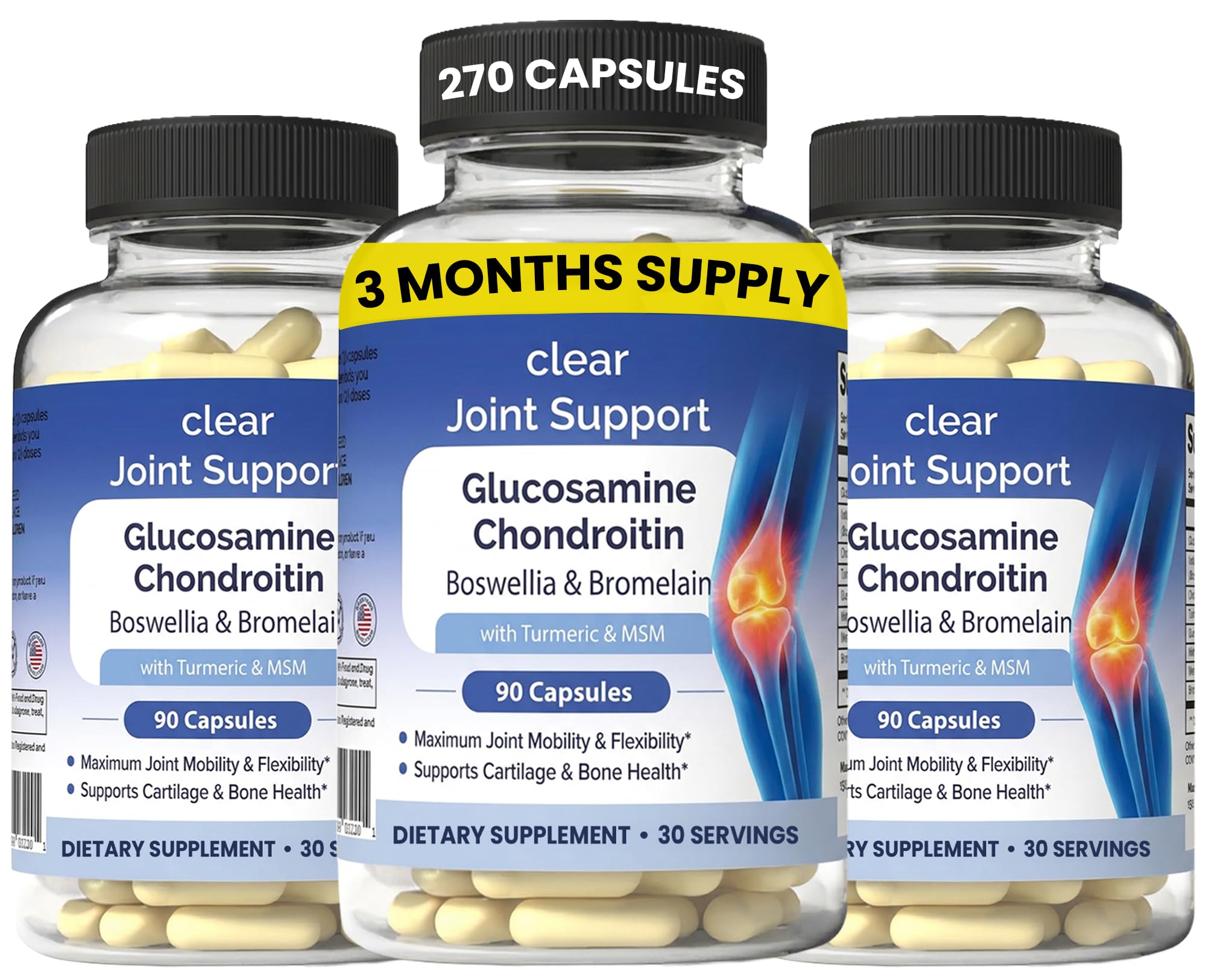 Clear Joint Support - 3-Month Supply | 3-Pack (270 Capsules) | Glucosamine Chondroitin MSM, Turmeric & Boswellia | Supports Knee, Hip & Back Health | Made in USA Clear Probiotics Au supplements
