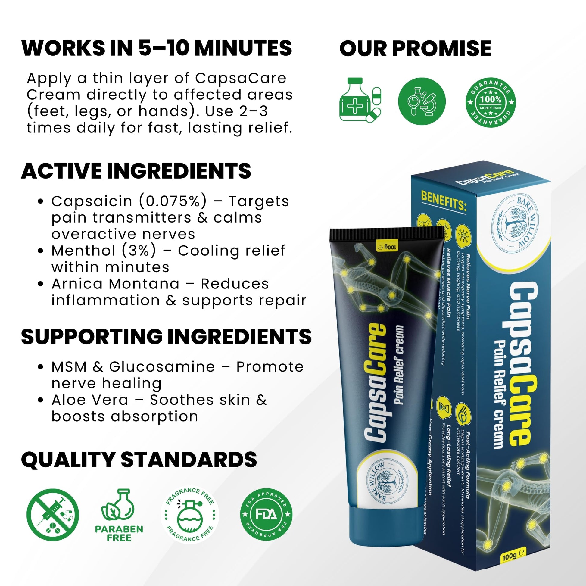 CapsaCare Cream with Capsaicin 0.125% & Magnesium, NeuroSoothe Blend with Arnica, Glucosamine, Menthol & Aloe, Fragrance Free, Non Greasy, Hydrating Topical Skin Cream for Men and Women, 100g (1 Pack) Bare Willow Au supplements
