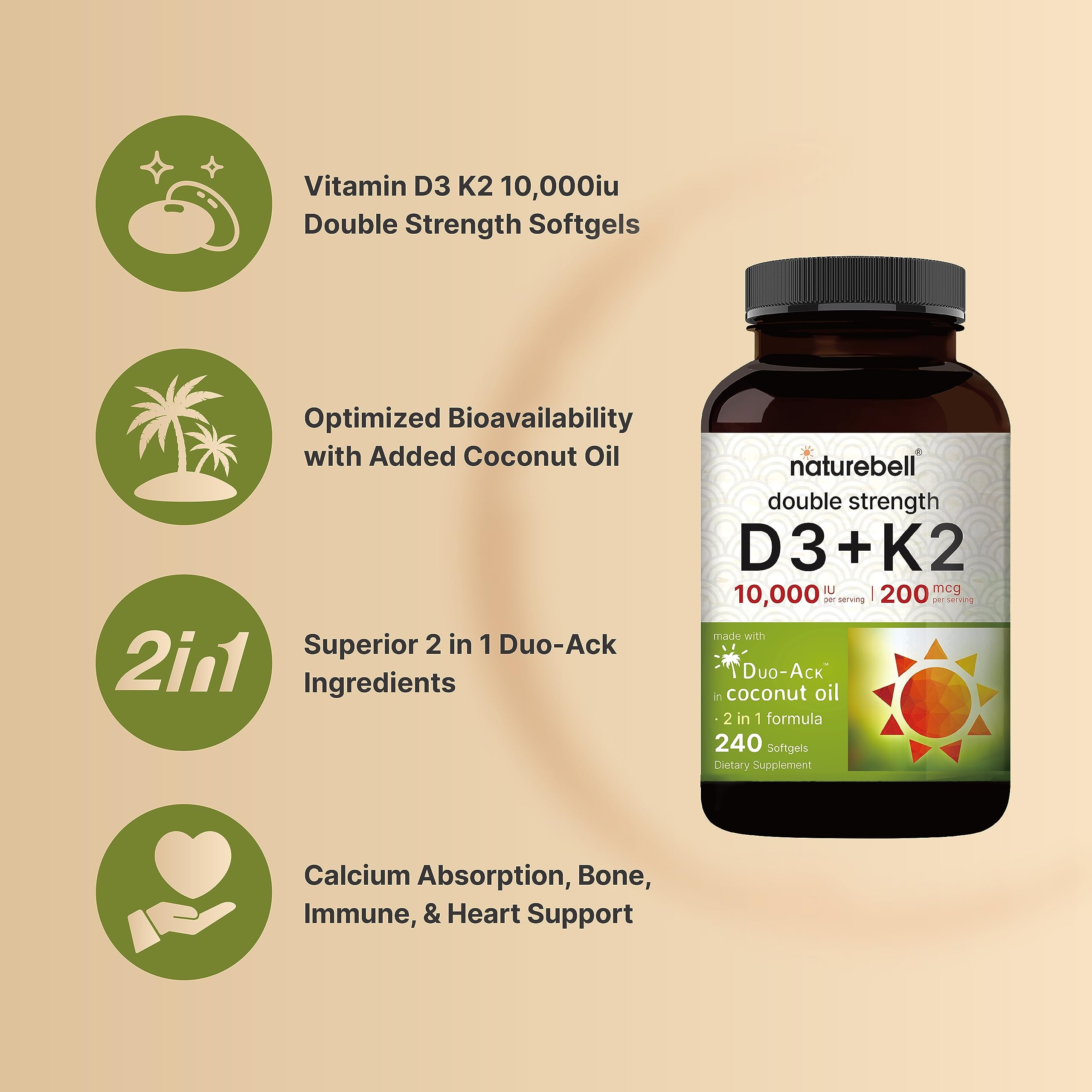 NatureBell Vitamin D3 K2 (10,000 IU Vitamin D + 200mcg Vitamin K MK-7) 240 Softgels NatureBell Au supplements
