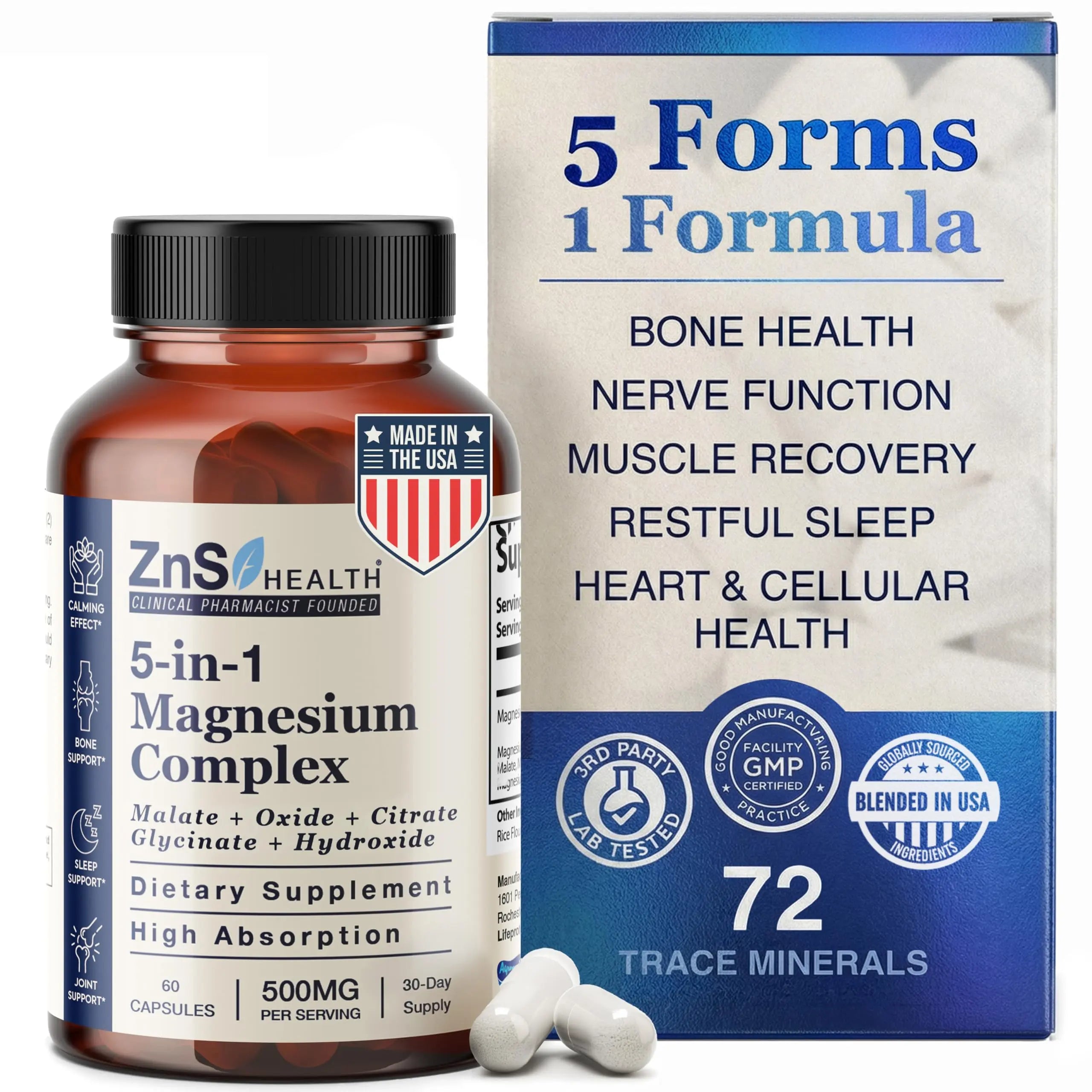 ZnS Health Spectrum 5 Magnesium Complex for Women & Men – 5 Magnesium Complex Supplement with Glycinate, Malate, Citrate & Hydroxide for Sleep, Muscle Recovery & Calm – 500mg Vegan – 60 Capsules ZnS Health Au supplements
