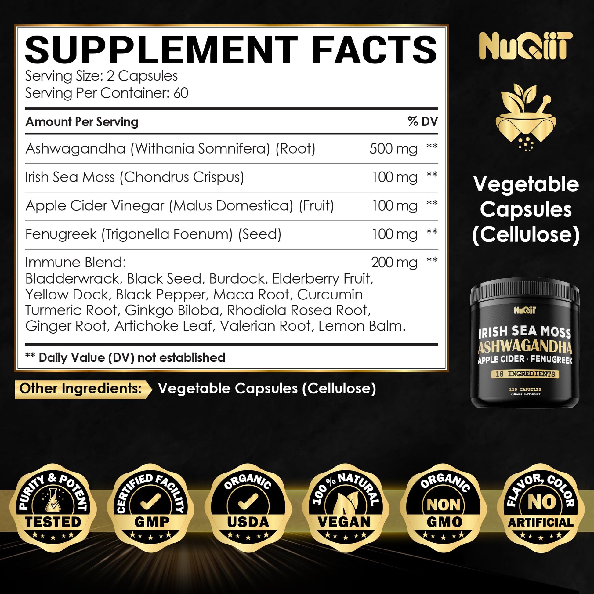 NUQIIT Organic Ashwangdha Capsules 15000mg Irish Sea Moss Apple Cider Vinegar & More - Support Brain Health, Strength & Immune System - 120 Vegan Capsules NUQIIT Au supplements