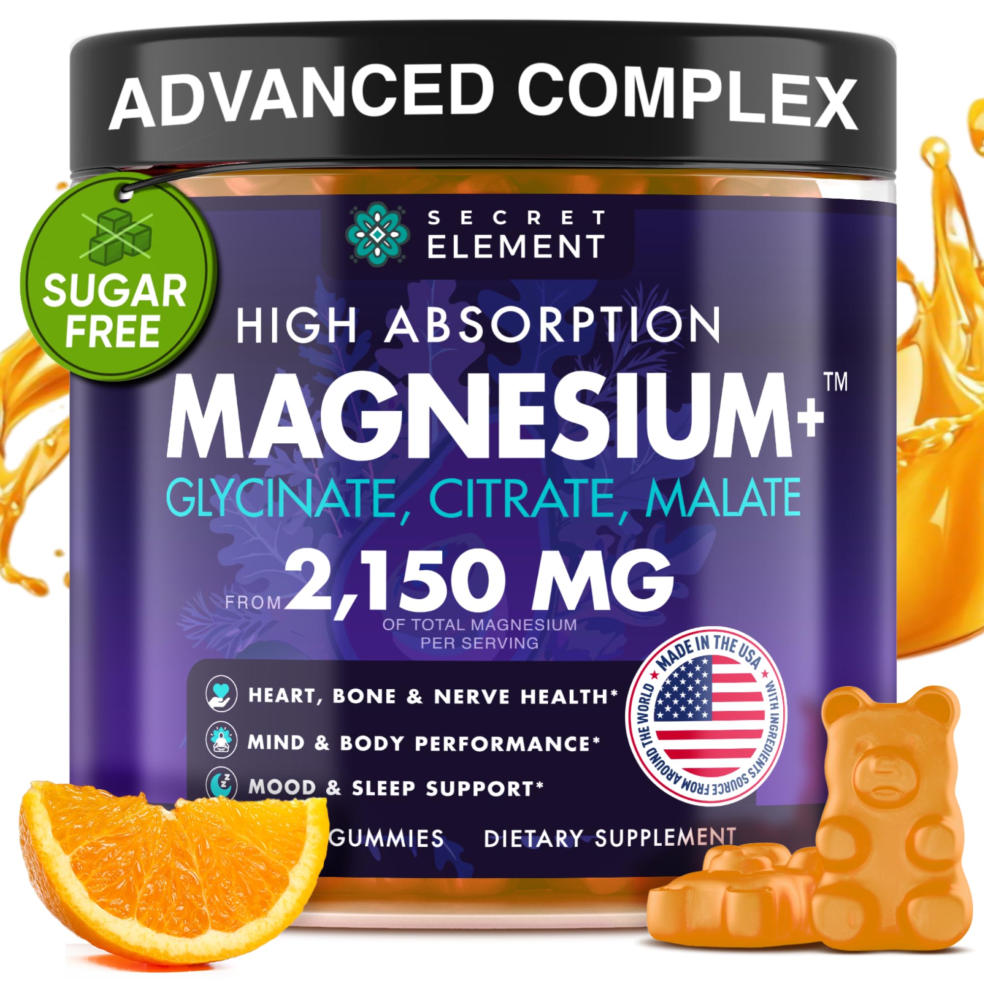Magnesium Glycinate 2150MG Gummies for Women and Men, High Absorption Magnesium Glycinate, Citrate, Malate Gummies for Adults & Kids, Sleep Support, Sugar Free, Vegan, 60 Chews, Orange Secret Element Au supplements