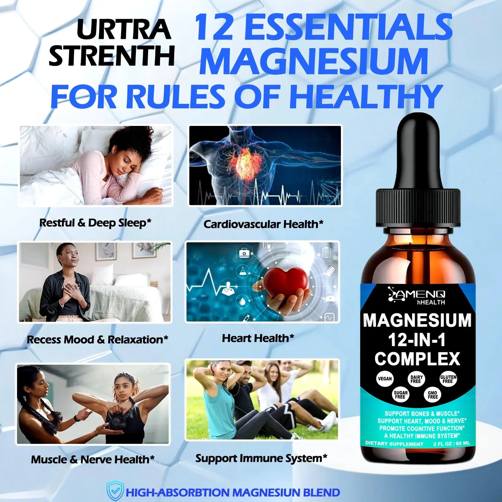 Magnesium 12 in 1 Complex Liquid Drops Magnesium Supplement w. Glycinate Citrate Malate Taurate Oxide Aspartate Orotate, Calm Magnesium for Sleep Muscle Heart Support丨Max Absorption Liquid Formula AMENQ hHEALTH Au supplements
