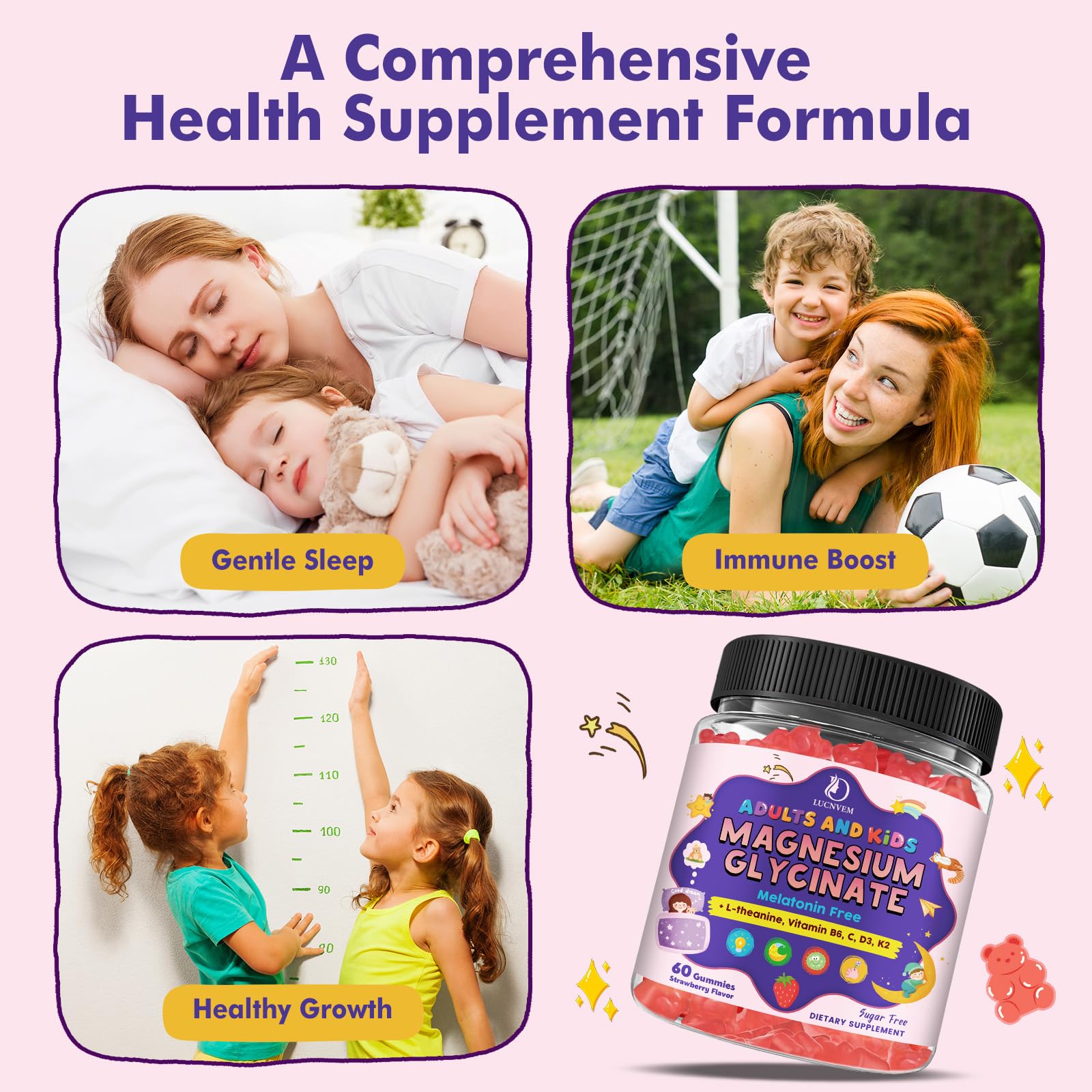 Magnesium Glycinate Gummies for Kids 4+ & Adults- Magnesium Glycinate 150/300 mg for Natural Sleep, Relaxation & Calm Support, Melatonin Free, Sugar Free Strawberry Flavor, 60 Ct LUCNVEM Au supplements