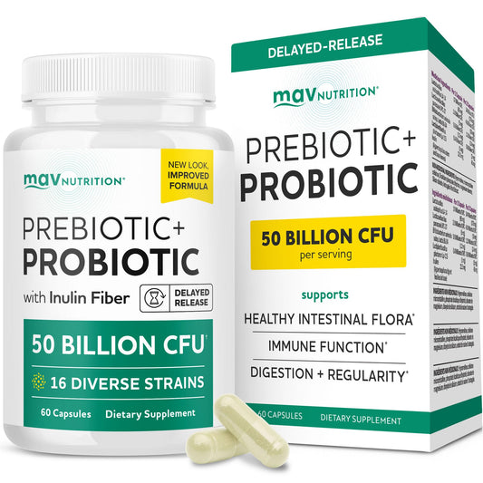 Prebiotics and Probiotics | 50 Billion CFU, 16 Probiotic Strains & Inulin Prebiotic Fiber | Delayed Release Capsules | Gut Health Support | Prebiotics and Probiotics for Women & Men | Non-GMO | 60 Ct MAV NUTRITIONUS supplements