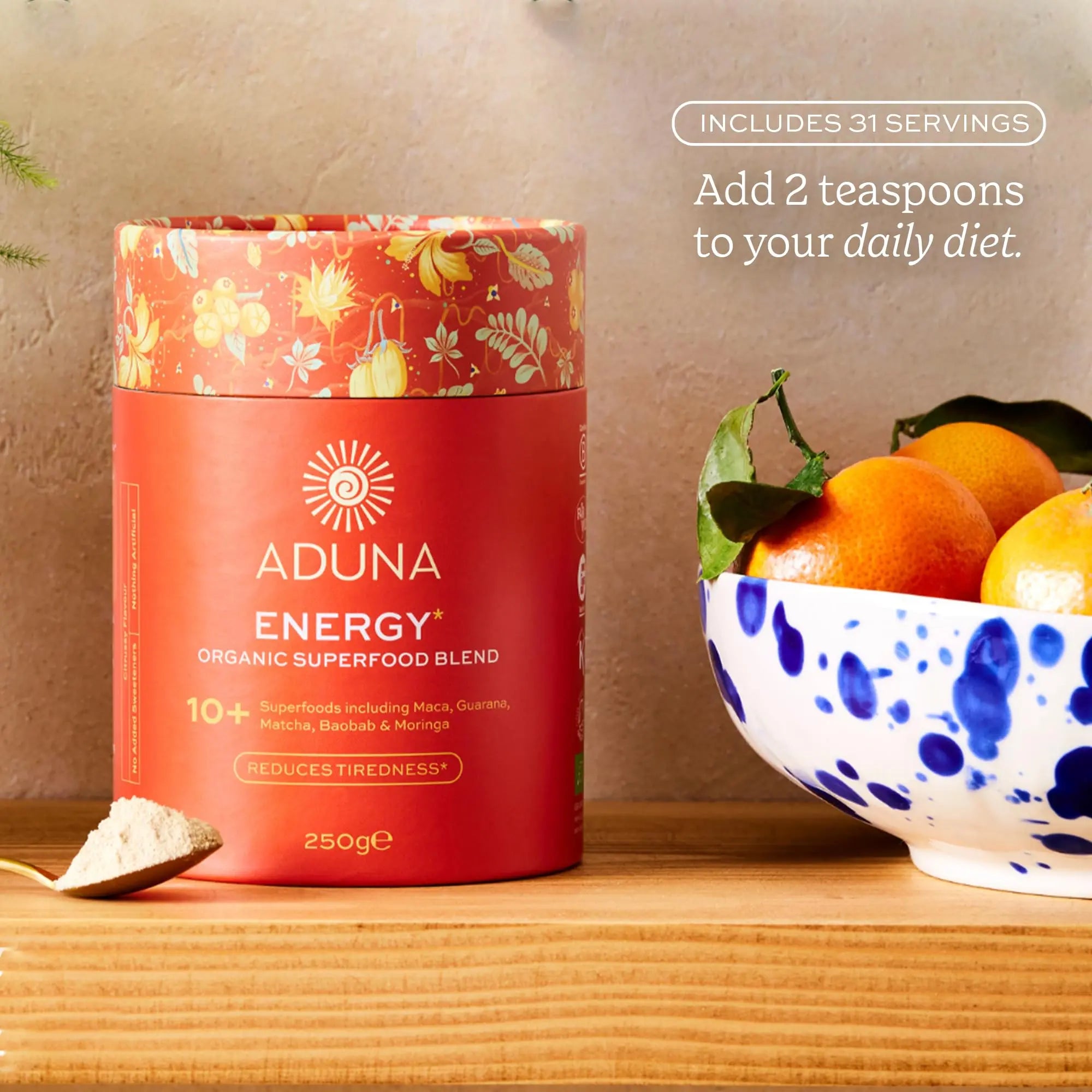 Aduna Organic Energy Superfood Blend | 100% Natural Stir-in Blend With 10+ Superfoods for Natural Energy, Focus & Reduced Tiredness | Vegan Powder for Yogurt, Juices, & Smoothies | 250g Aduna Au supplements