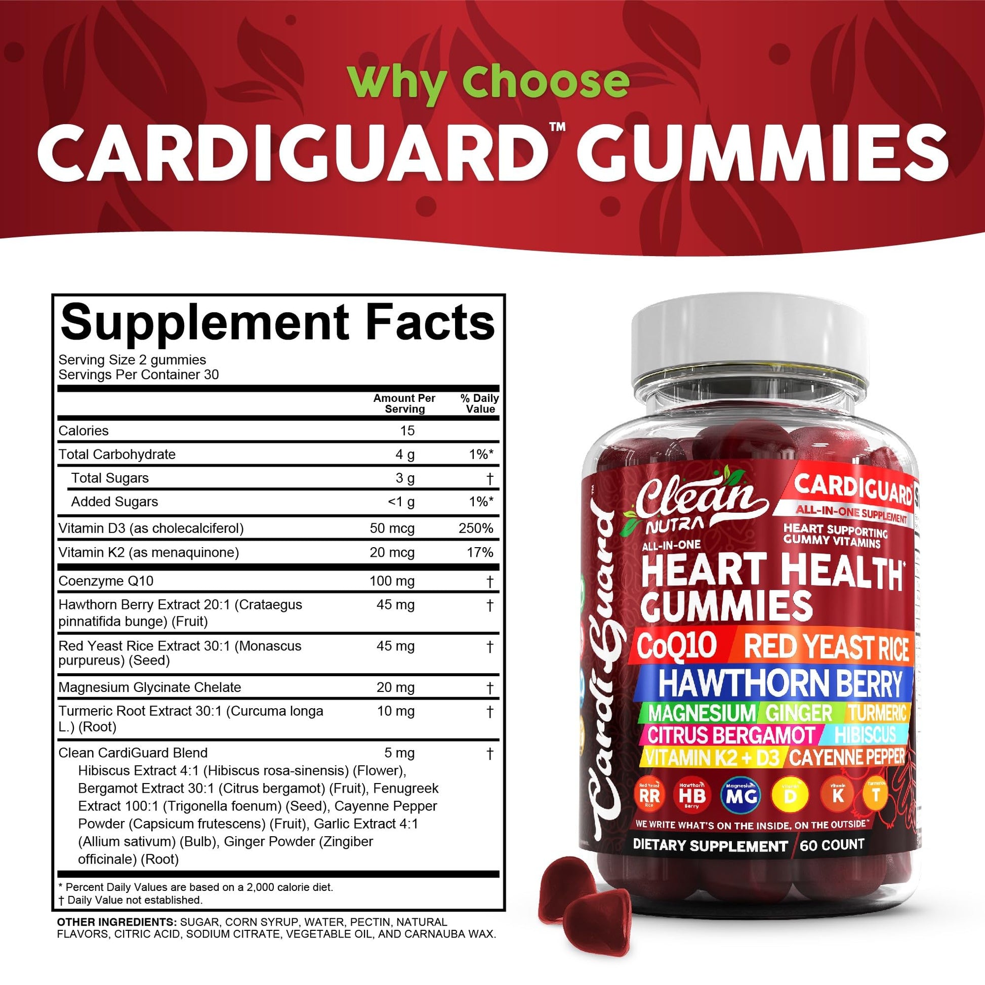 Clean Nutraceuticals Coq10 Gummies | Red Yeast Rice Hawthorn Berry Ginger Turmeric Citrus Bergamot Hibiscus Vitamin K2+D3 Magnesium Glycinate Cayenne Pepper Fenugreek Orange Flavor CardiGuard Clean Nutraceuticals Au supplements