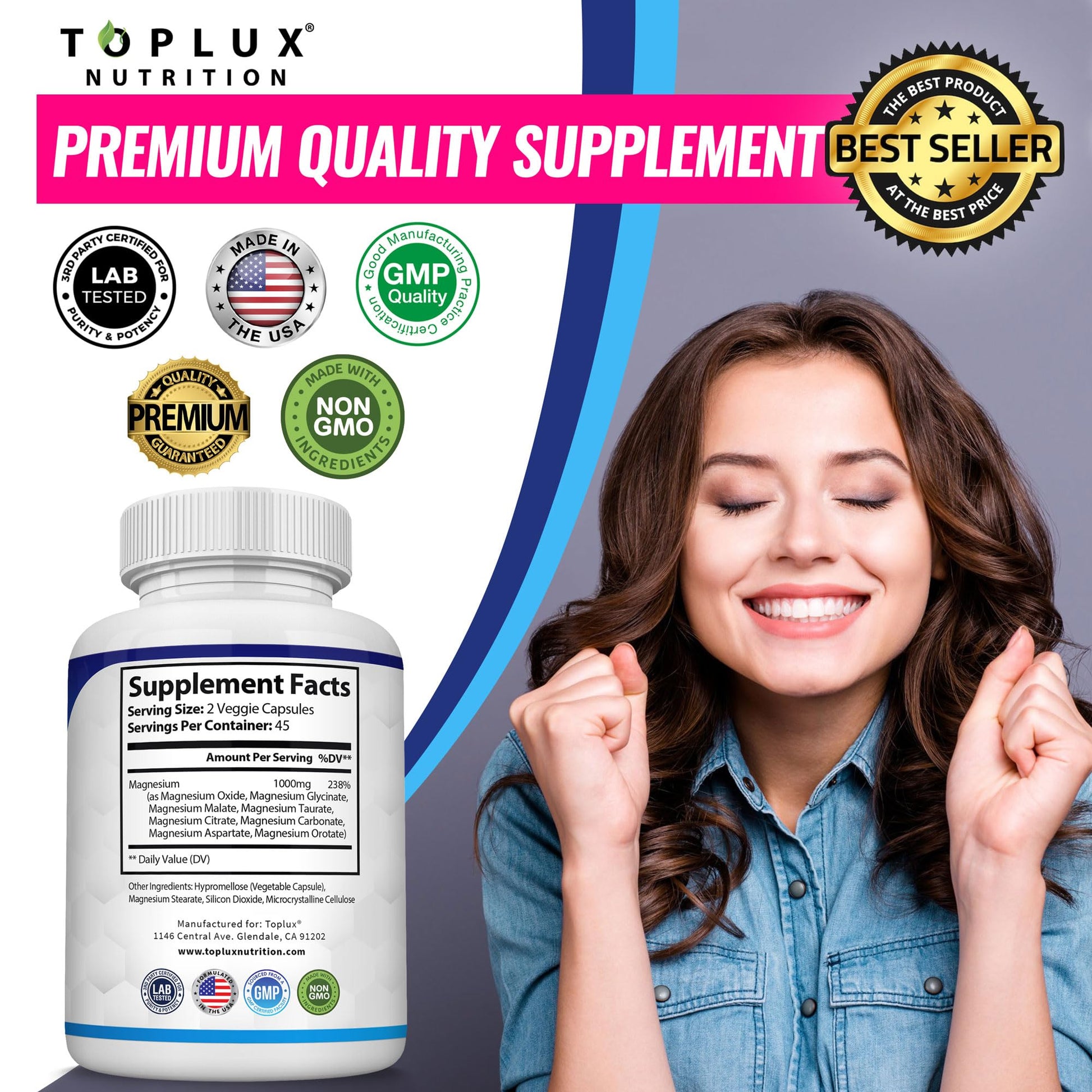Magnesium Complex Supplement 8 Elemental 1000mg - Magnesium Glycinate, Citrate, Malate, Taurate, Chelated for Easy Absorption for Bones, Muscle, Recovery, Energy, Vegan Non-GMO 90 Capsules Toplux Au supplements