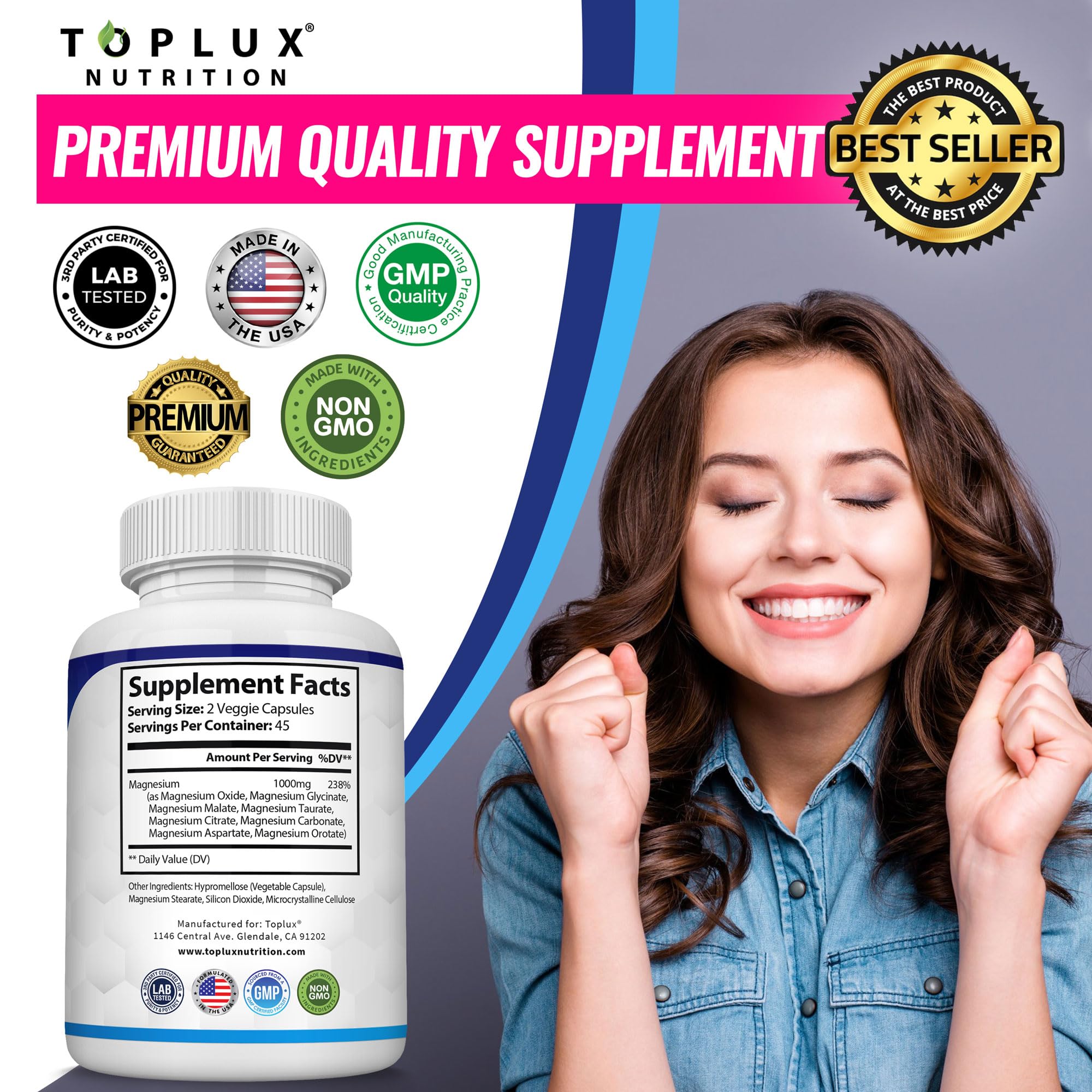 Magnesium Complex Supplement 8 Elemental 1000mg - Magnesium Glycinate, Citrate, Malate, Taurate, Chelated for Easy Absorption for Bones, Muscle, Recovery, Energy, Vegan Non-GMO 90 Capsules Toplux Au supplements