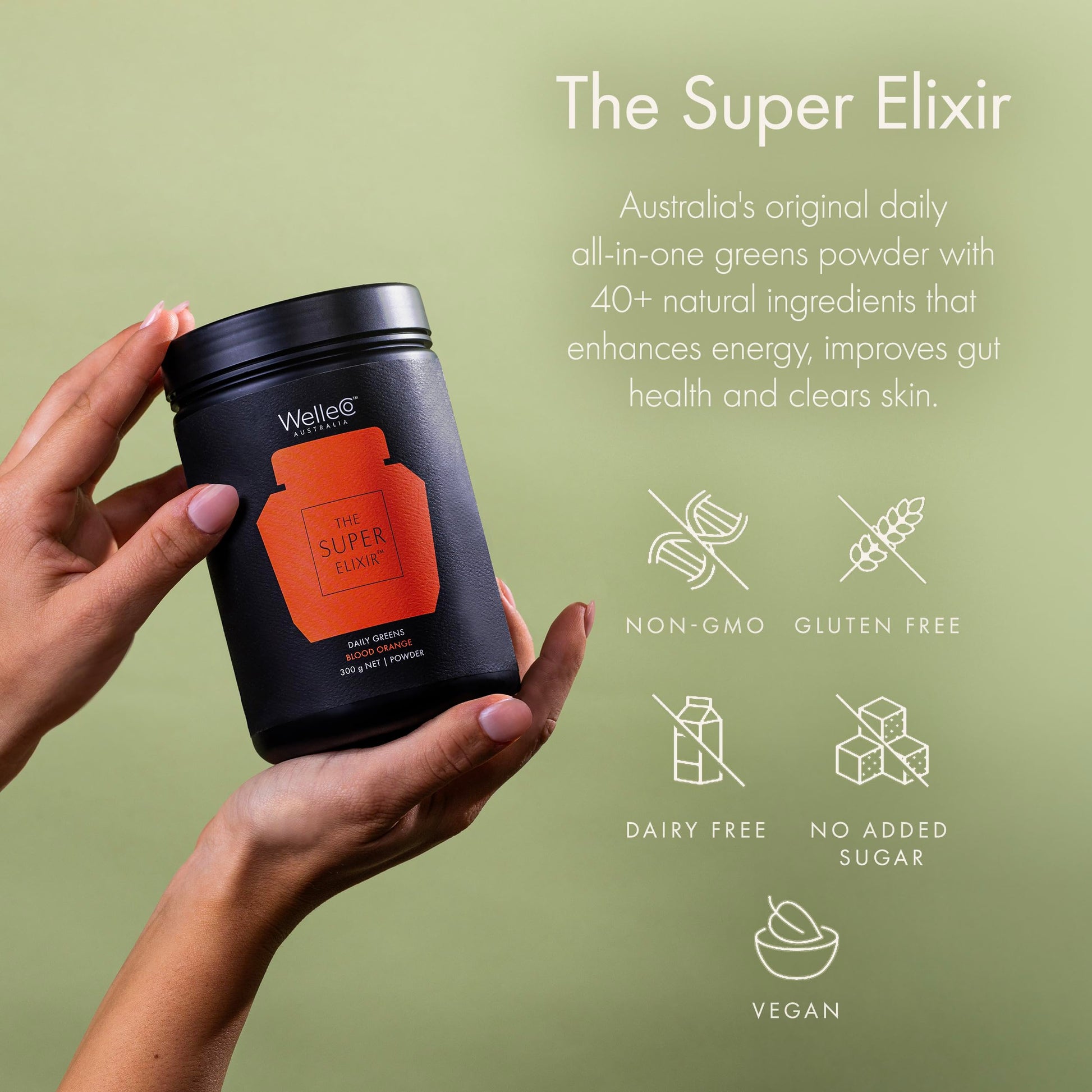 WelleCo The Super Elixir Daily Greens Powder, Probiotic Drink Mix with Whole Foods, Gluten Free, Vegan Gut Health Powder, Energy, Immunity, Healthy Skin, Hair & Nails (Jar, Blood Orange) WelleCo Au supplements