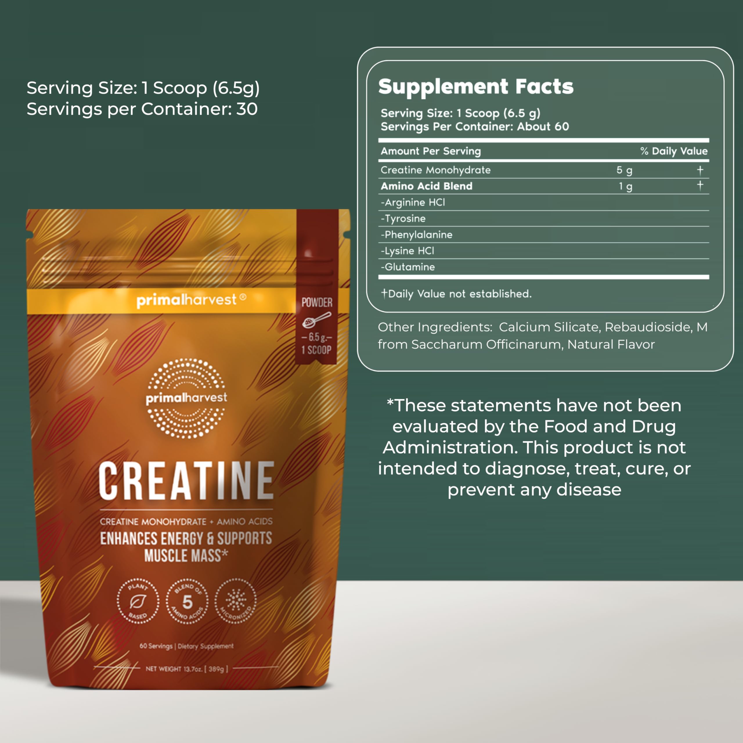 Primal Harvest Creatine Powder Supplement for Men and Women's Fitness, Workouts, and Muscle Growth, to Help Promote Recovery, Strength, Energy, and Endurance (1) Primal Harvest Au supplements