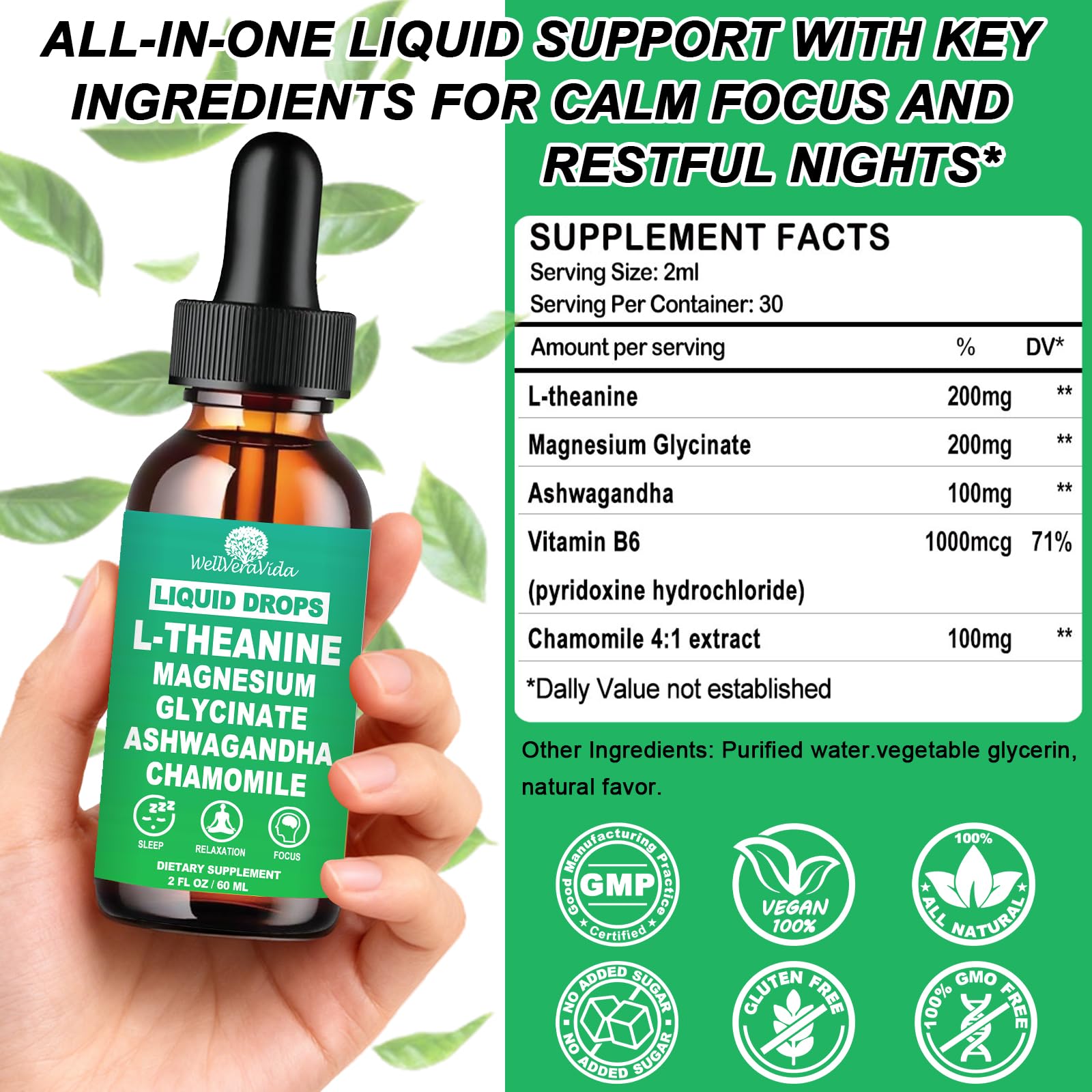 L theanine Liquid Drops, Theanine Supplement With Magnesium Glycinate & Ashwagandha for Sleep, Relaxation & Focus Support, High Absorption Liquid L Theanine 200mg for Adults & Kids丨Vegan, Non-GMO, 2oz WellVeraVida Au supplements