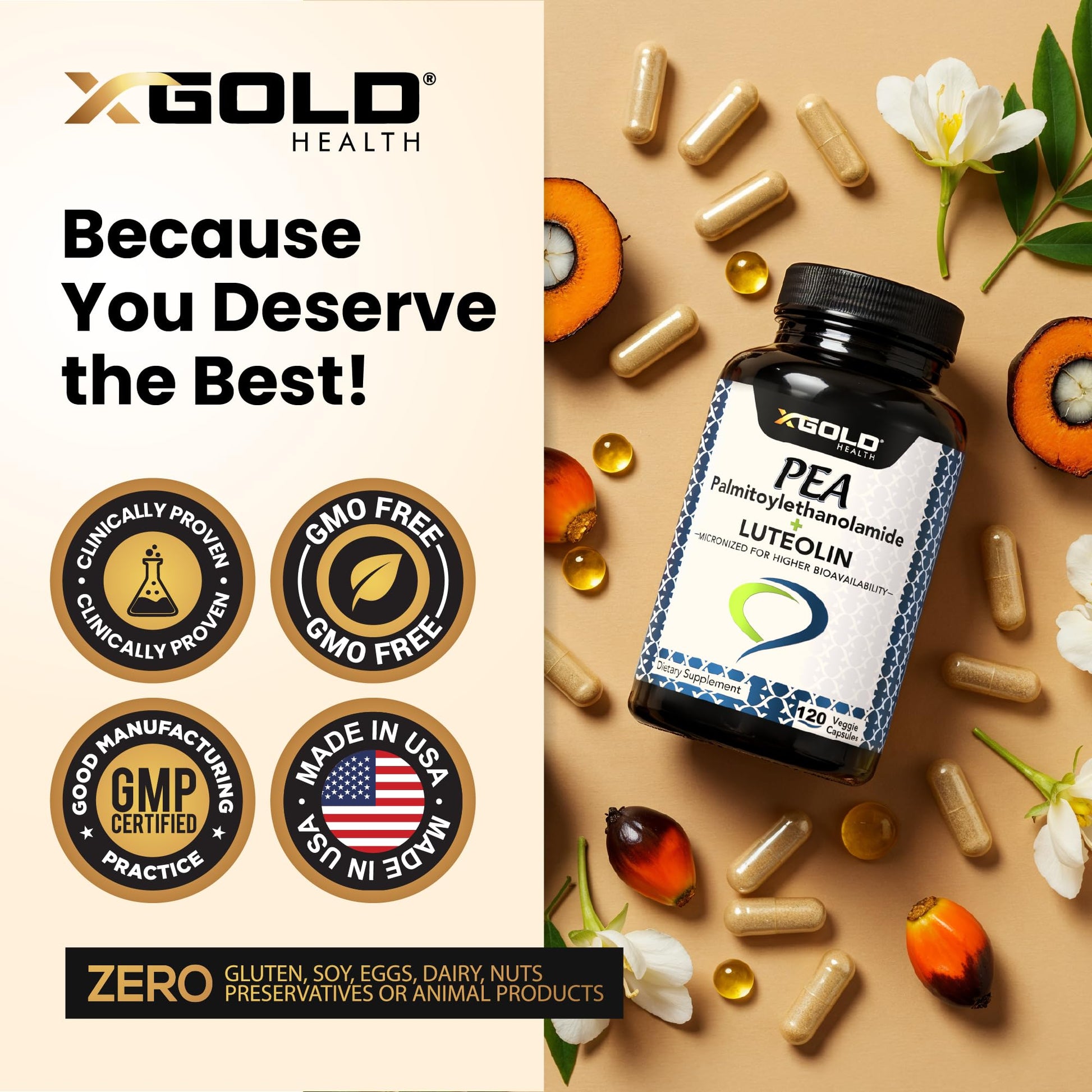 Palmitoylethanolamide 630 mg + Luteolin Standardized 98%- Micronized Pea 99% Highly Purified and Bioavailable - Made in USA - Supplement for Men and Women - 120 Veggie Capsules X Gold Health Au supplements
