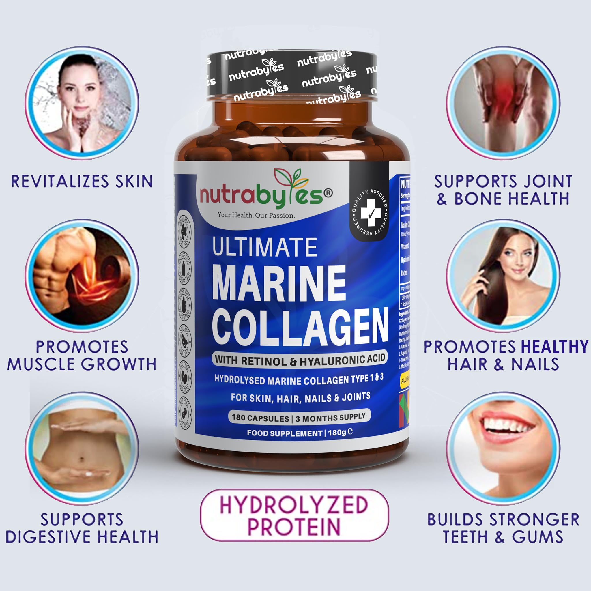 High Strength Marine Collagen with Hyaluronic Acid, Retinol and Vitamin C | 180 Capsules - 3 Months Supply NUTRABYTES Au supplements