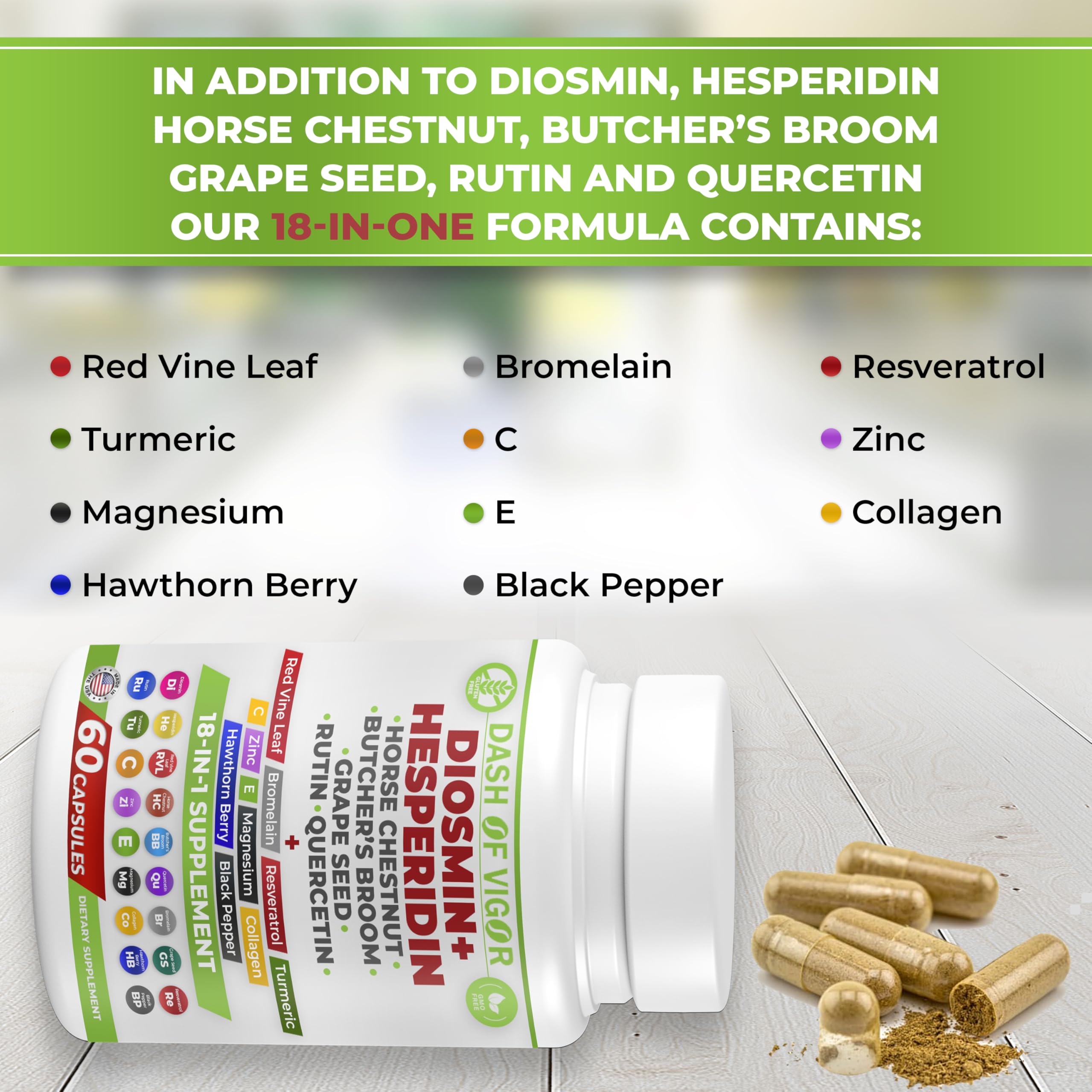 Dash of Vigor 18-in-1 Diosmin Hesperidin Supplement, Quercetin with Bromelain, Zinc, Vitamin C with Rutin Supplement, Horse Chestnut Extract, Butcher's Broom Extract, USA, 60 Capsules DASH OF VIGOR DOFV Au supplements