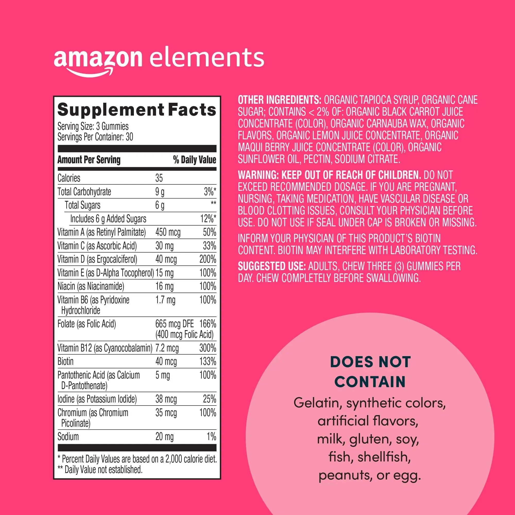Amazon Elements - Adult Women’s Organic Multivitamins, 90 Gummies (30 servings), Vegetarian Amazon Elements Au supplements