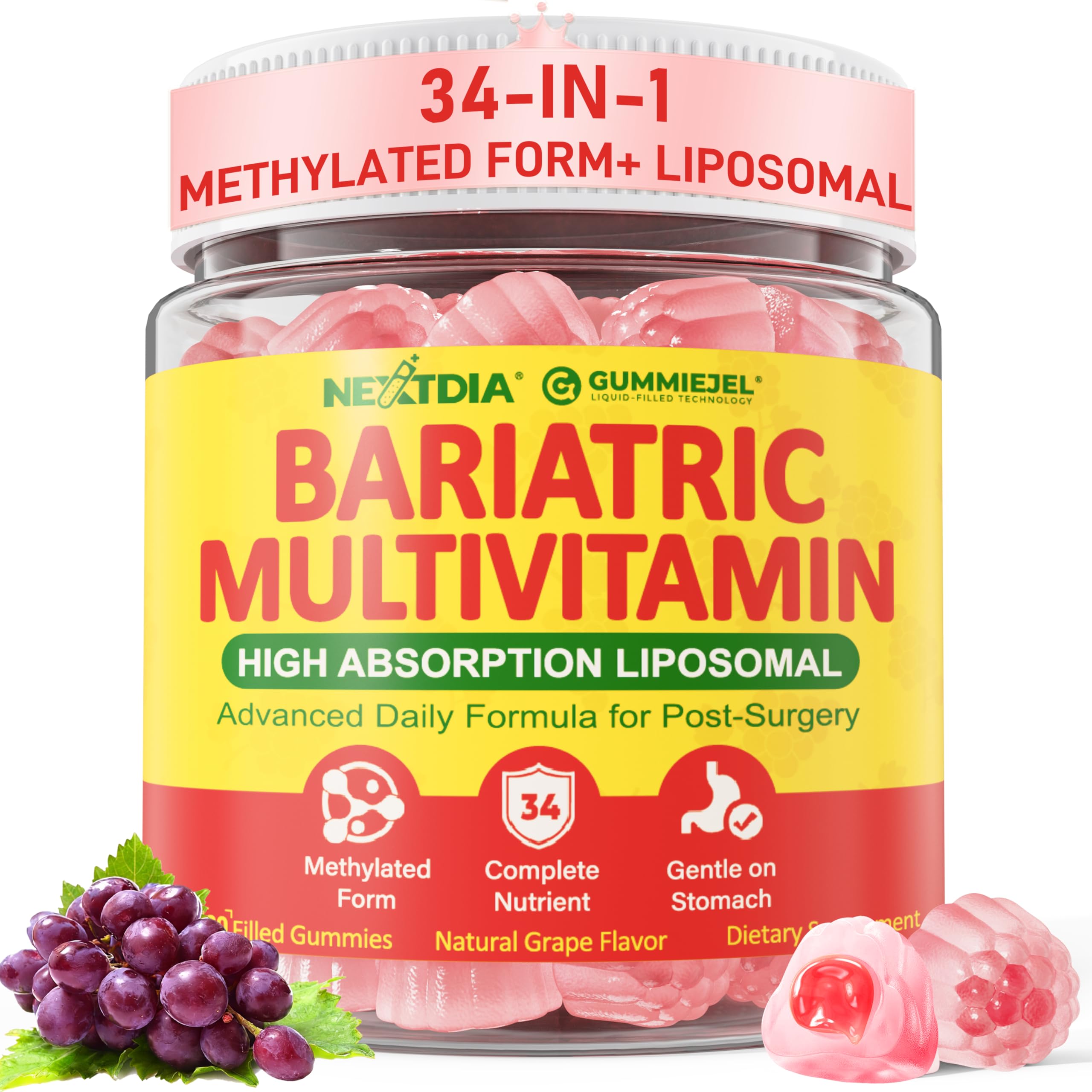 Liposomal Methylated Bariatric Multivitamin Gummies with Iron for Women & Men, High Absorption Multivitamin w/CoQ 10, Probiotic, Digestive Enzymes Support Gastric Bypass & Sleeve Recover, Energy,1Pack Nextdia Au supplements