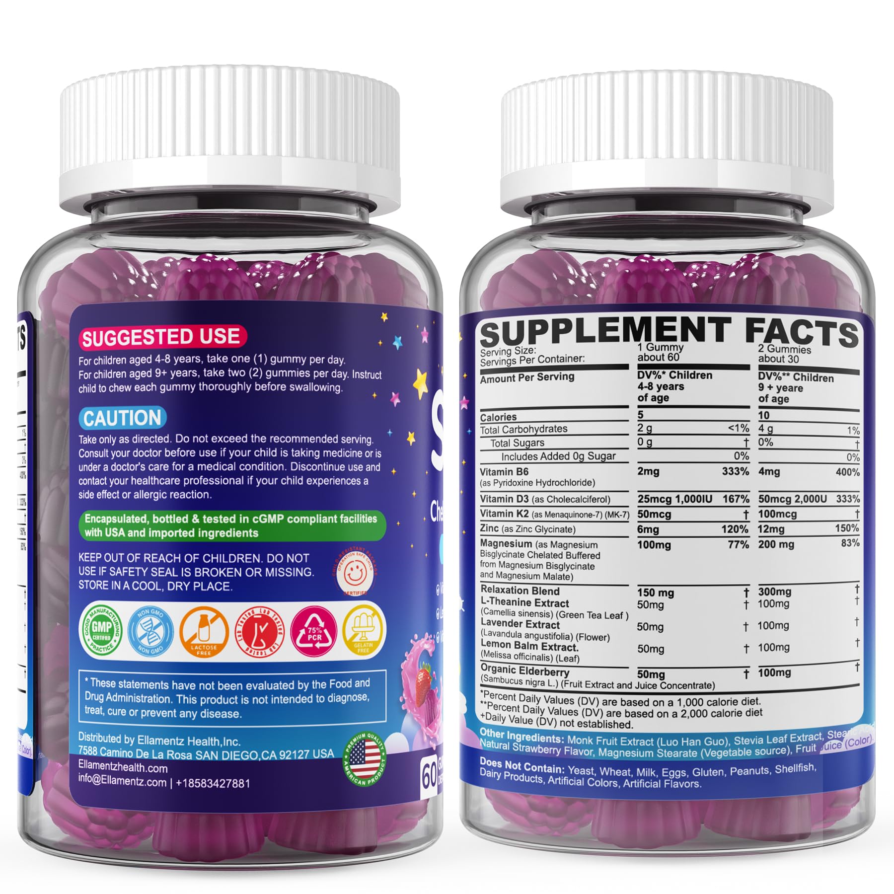 Kids Sleep Gummies, NO Melatonin Sleep Aid Gummies w/ Magnesium Glycinate, Magnesium Malate, L-Theanine, Lavender, B6, Zinc, D3K2 for Restful Sleep, Relax Brain & Muscle, Immune Support, Non-GMO 1Pack ELLAMENTZ Au supplements