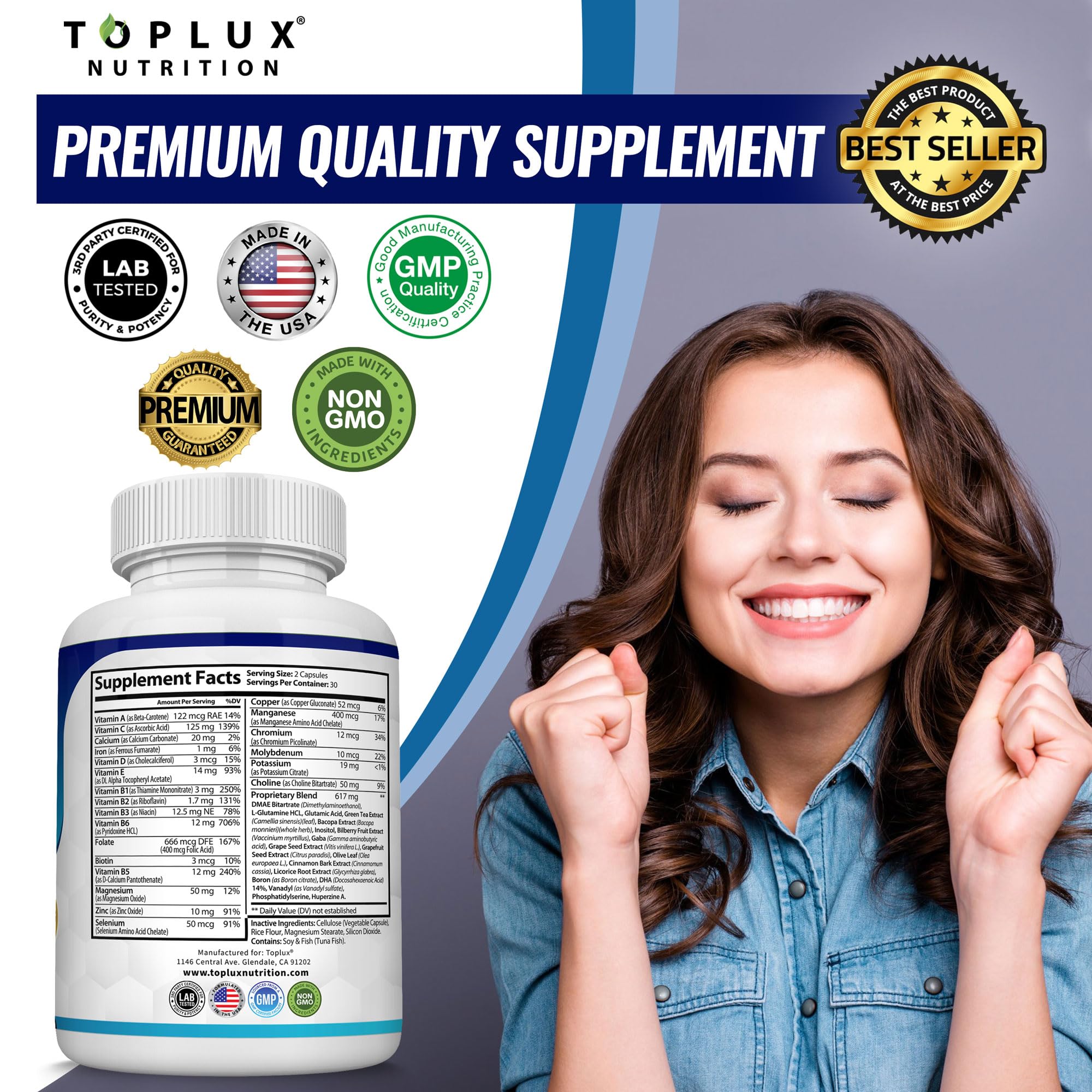 Toplux Brain Supplement Nootropic – Brain Pills Vitamin with DMAE, Bacopa Monnieri, L-Gutamine, for Men Women, 60 Capsules, Nutrition Toplux Au supplements