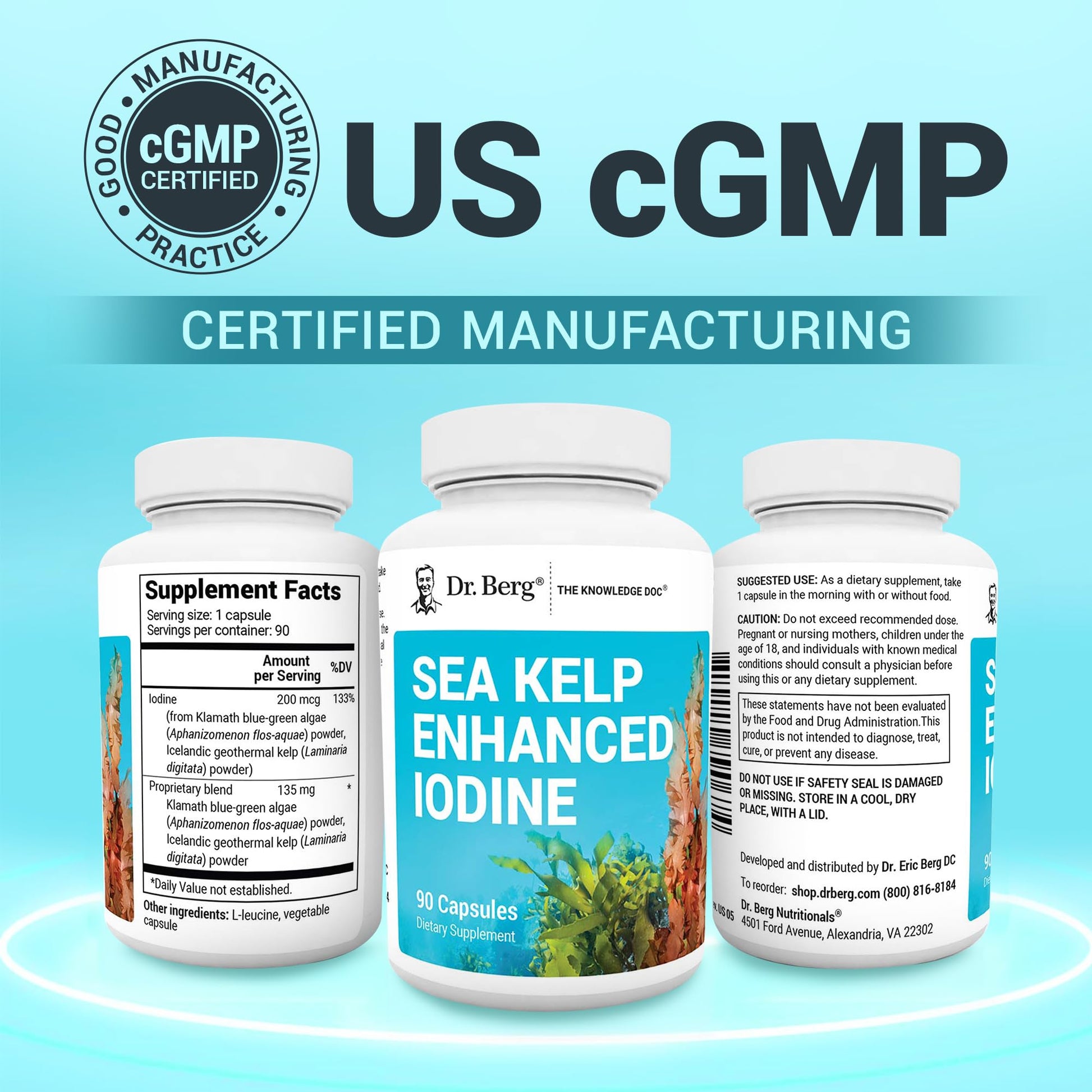 Dr. Berg Sea Kelp Enhanced Iodine - 200 mcg of Premium Iodine - Seaweed Blend Includes Klamath Blue-Green Algae & Sea Kelp - 90 Capsules Dr. Berg Nutritionals Au supplements