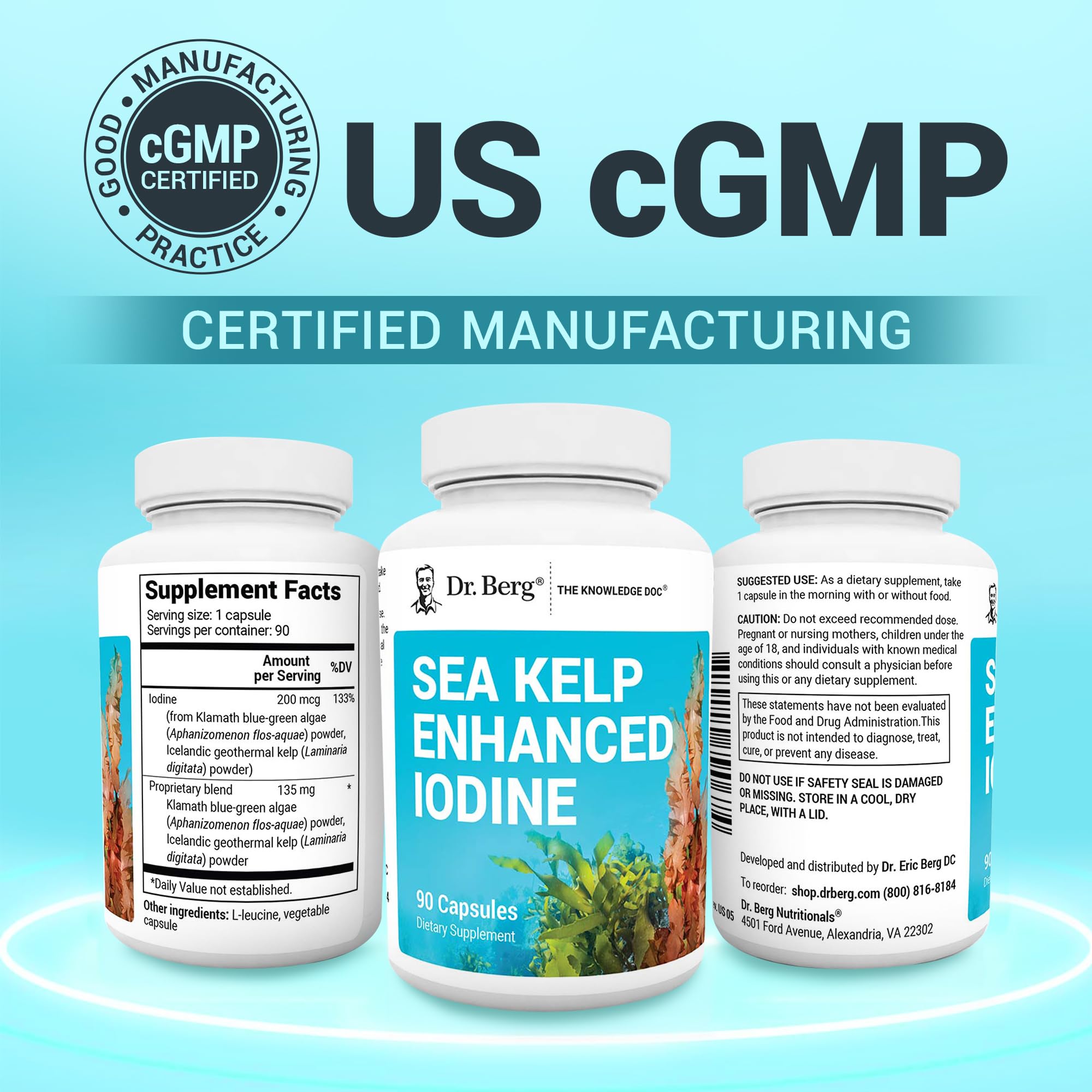 Dr. Berg Sea Kelp Enhanced Iodine - 200 mcg of Premium Iodine - Seaweed Blend Includes Klamath Blue-Green Algae & Sea Kelp - 90 Capsules Dr. Berg Nutritionals Au supplements