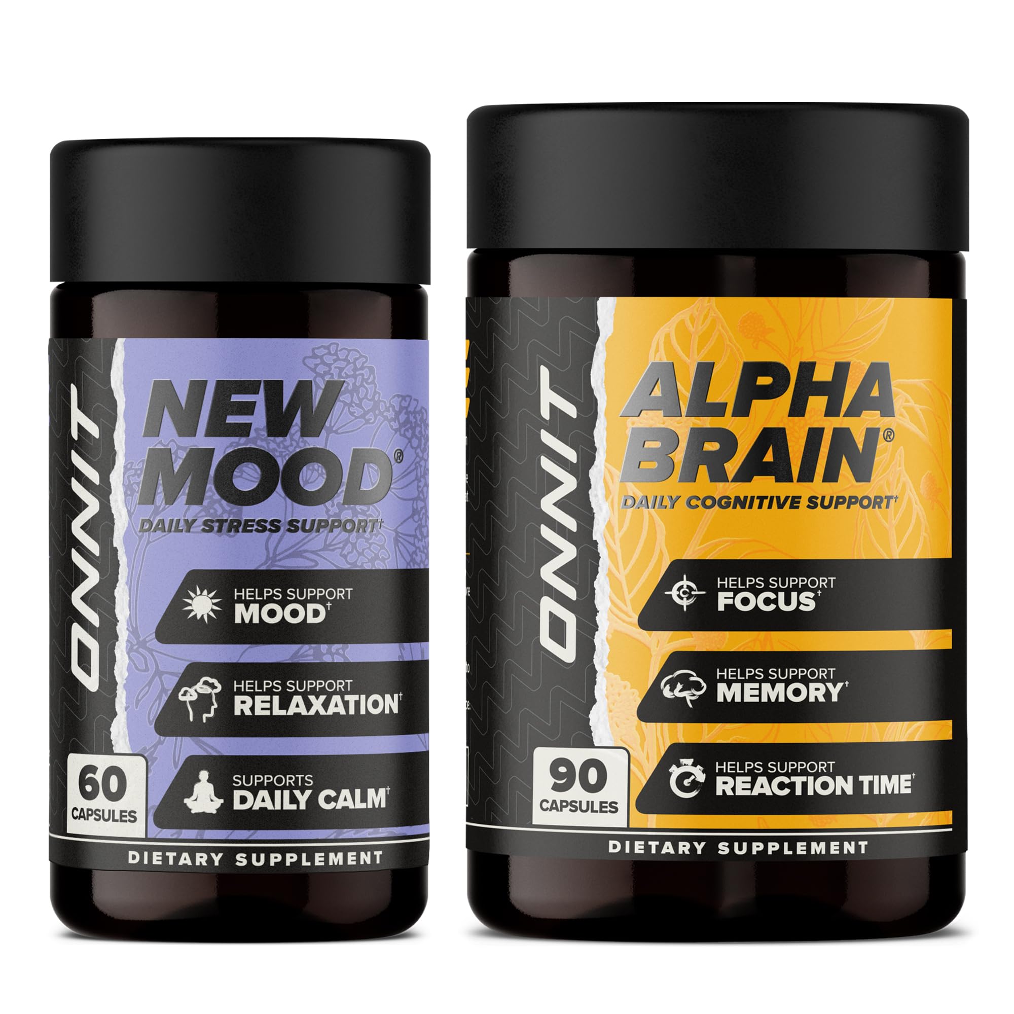 ONNIT Cognitive & Mood Support Bundle: Alpha Brain Nootropic Capsules (90 Count) + New Mood Stress Support Capsules (60 Count), IGEN Non-GMO Tested Focus, Clarity, Relaxation & Sleep, Pack of 2 ONNIT Au supplements