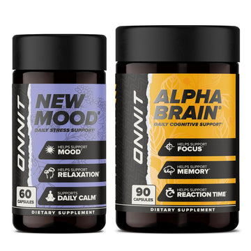 ONNIT Cognitive & Mood Support Bundle: Alpha Brain Nootropic Capsules (90 Count) + New Mood Stress Support Capsules (60 Count), IGEN Non-GMO Tested Focus, Clarity, Relaxation & Sleep, Pack of 2 ONNIT Au supplements