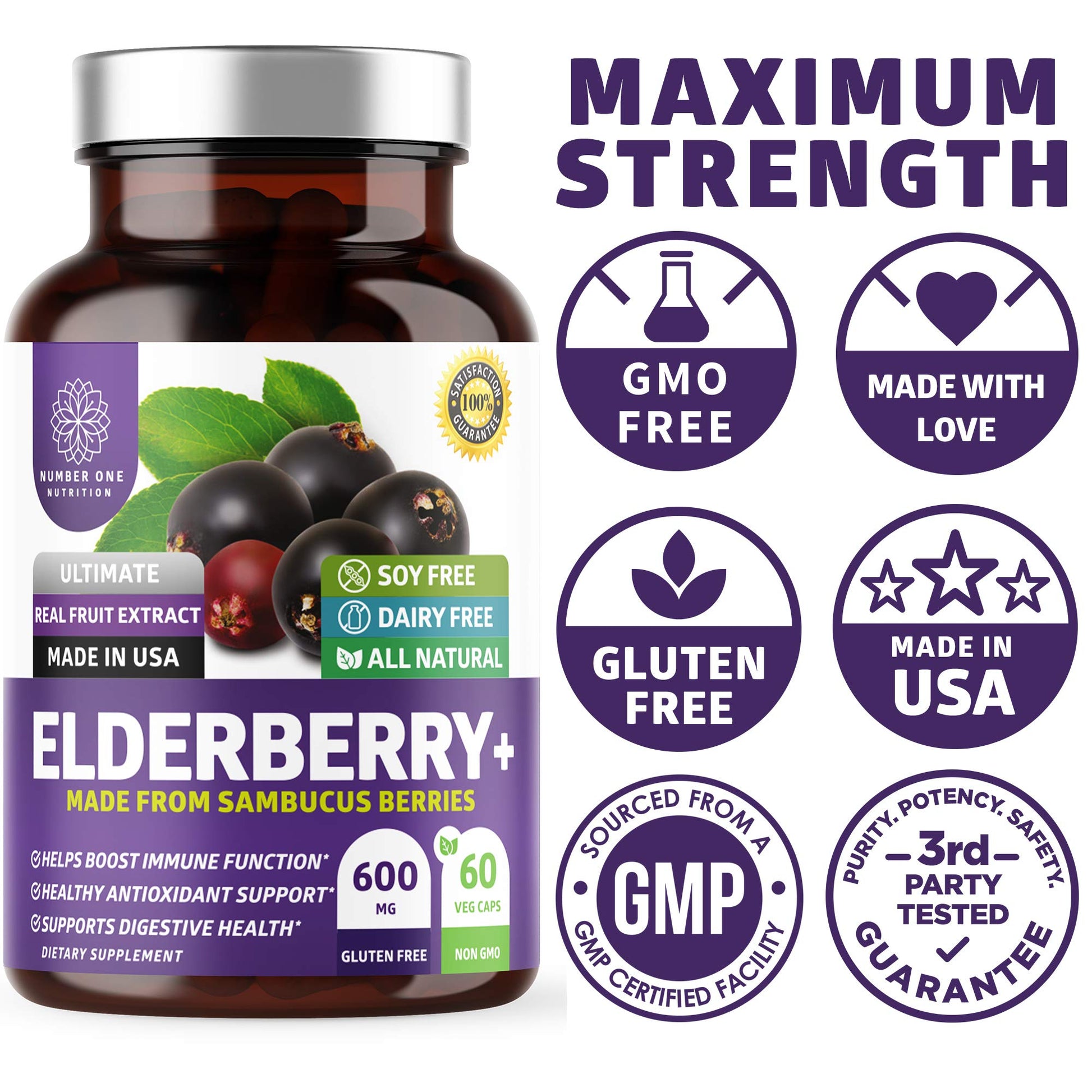 N1N Premium Black Elderberry Capsules for Adults [Max Strength] Pure and Potent Elderberry from Sambucus Nigra to Support Immunity & Skin Health, Non-GMO, Gluten Free, 60 Veg Caps Number One Nutrition Au supplements