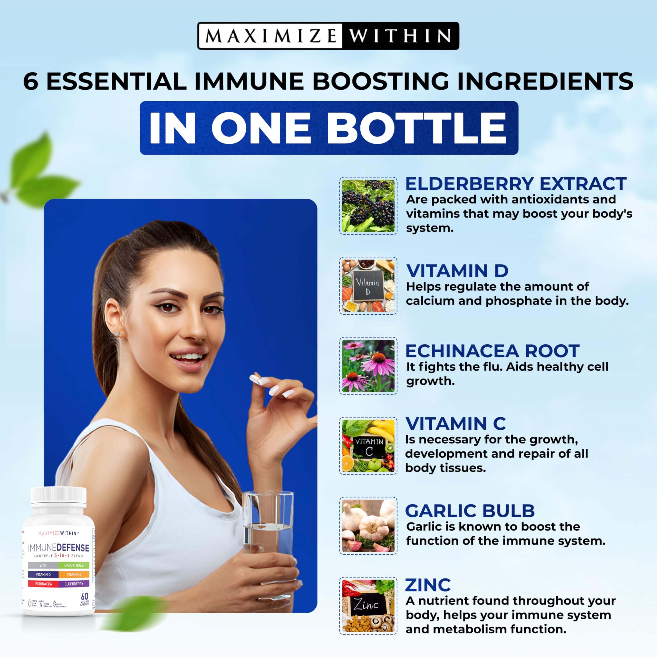 Maximum Slim Powerful 6-in-1 Immune Support Supplement with Zinc, Vitamin C, Elderberry, Vitamin D, Echinacea, & Garlic, 60 Count Maximum Slim Au supplements