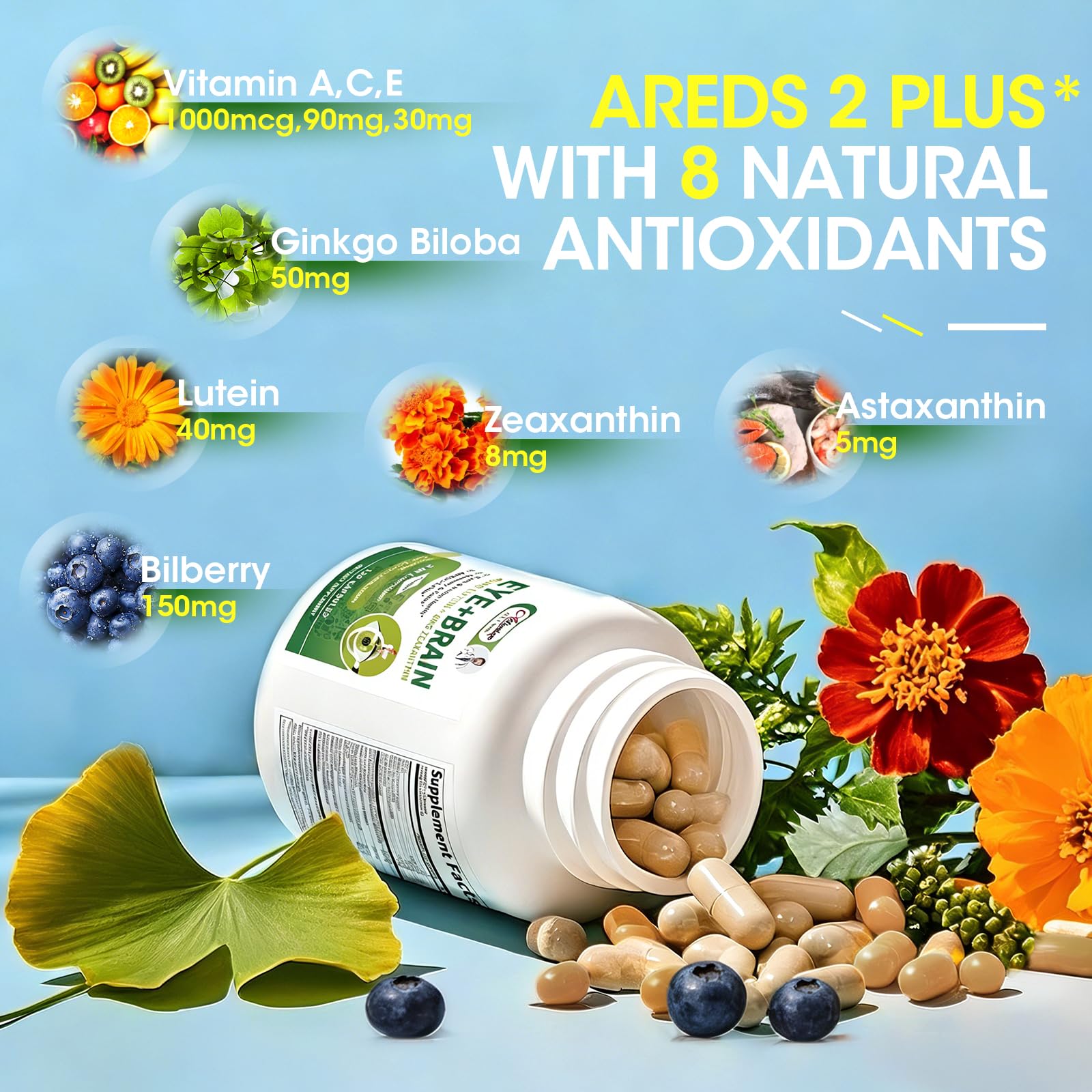 Eye + Brain Supplements for Memory and Focus, Lutein 40mg, Zeaxanthin, Astaxanthin, Bilberry, Lion’s Mane, Bacopa Monnieri, Ginkgo Biloba, 14 in 1 Eye Vitamins for Adults & Seniors 120 Capsules Alliwise Au supplements