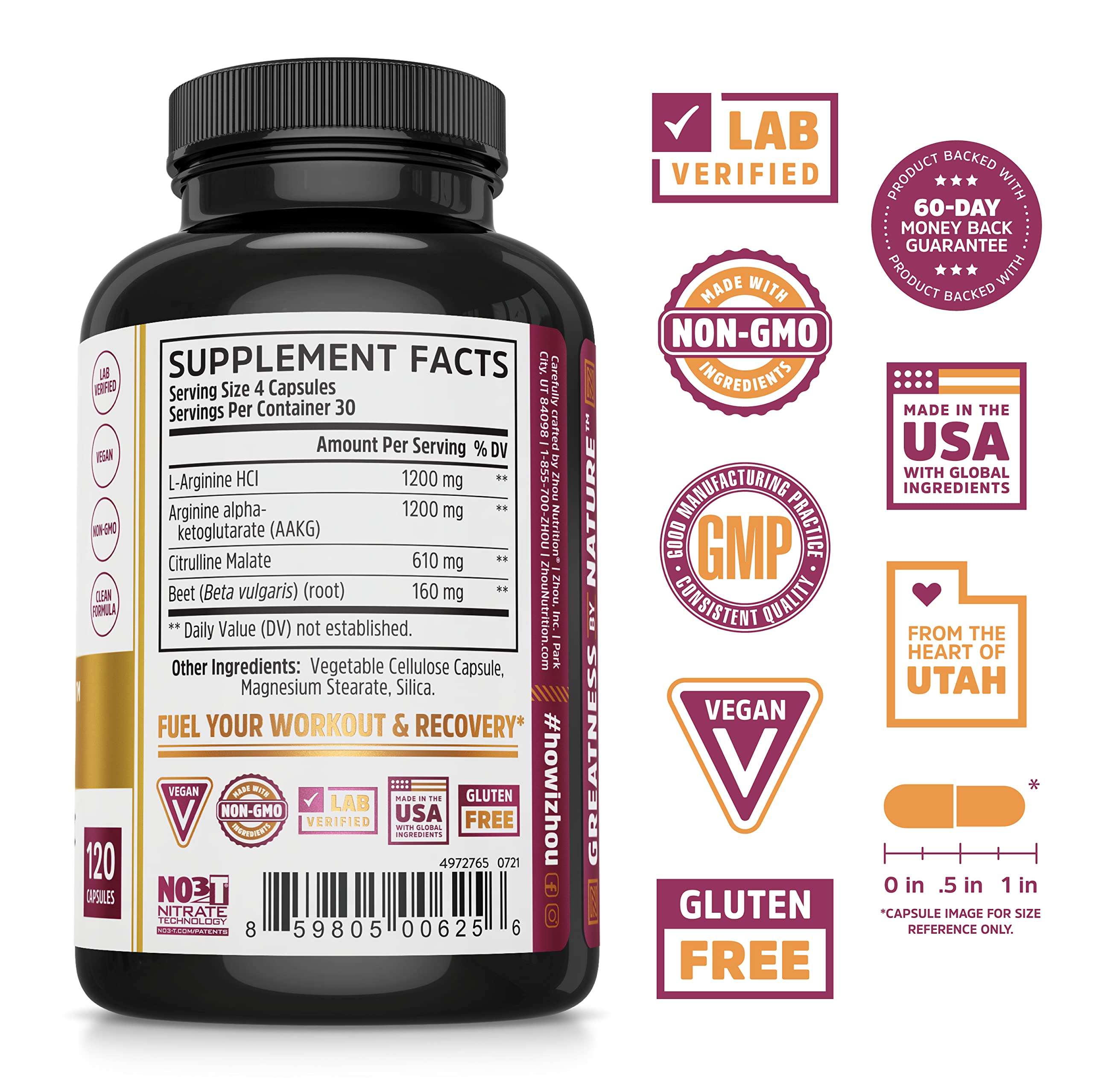 Zhou Nitric Oxide with L Arginine, Citrulline Malate, AAKG and Beet Root | Powerful N.O. Zhou Nutrition Au supplements