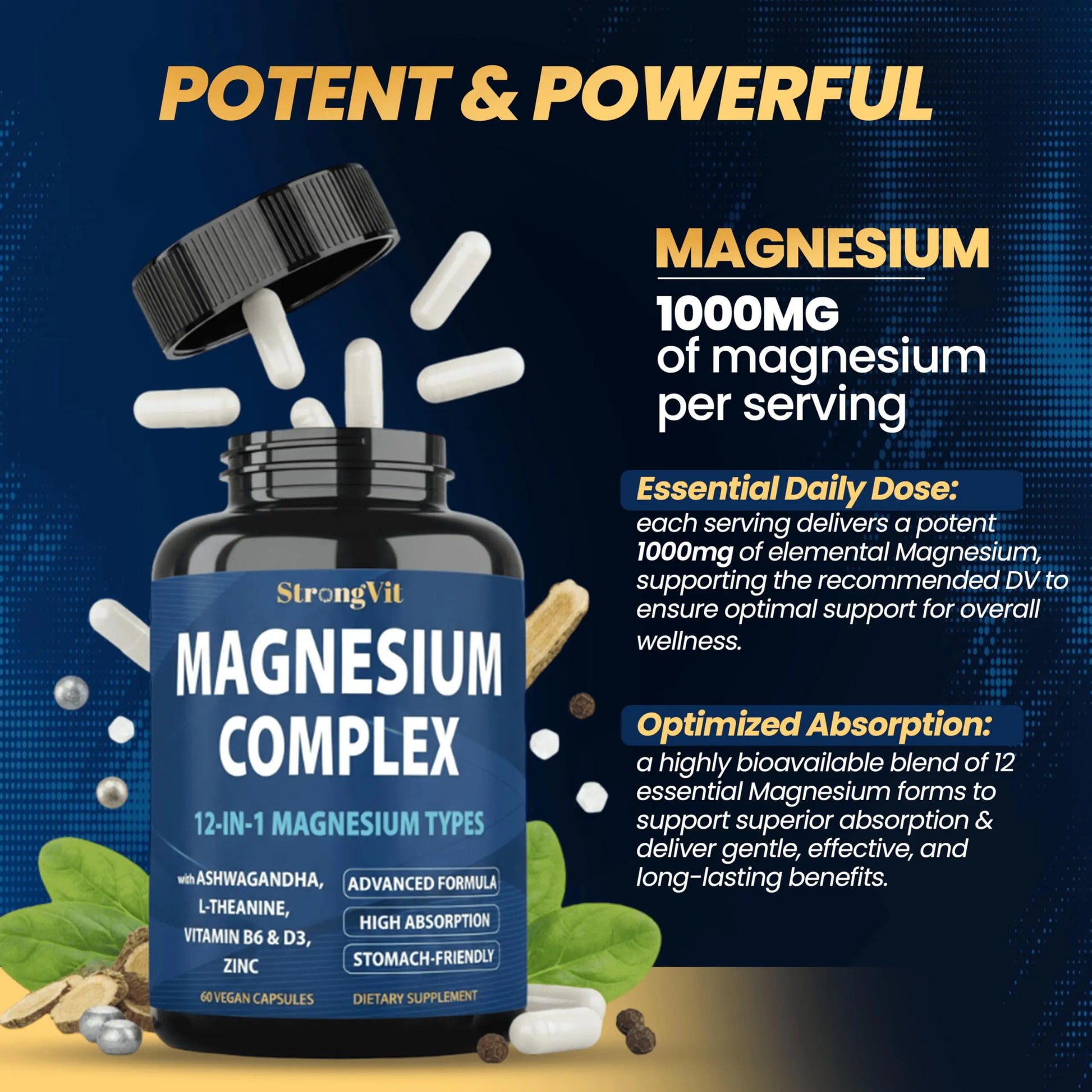 1000mg Magnesium Complex for Women and Men, 12 in 1 Magnesium Supplement with Ashwagandha, Zinc, D3, L-theanine. Easy to Swallow, High Absorption, Sleep Support & Stress Relief (60 Capsules) StrongVit Au supplements