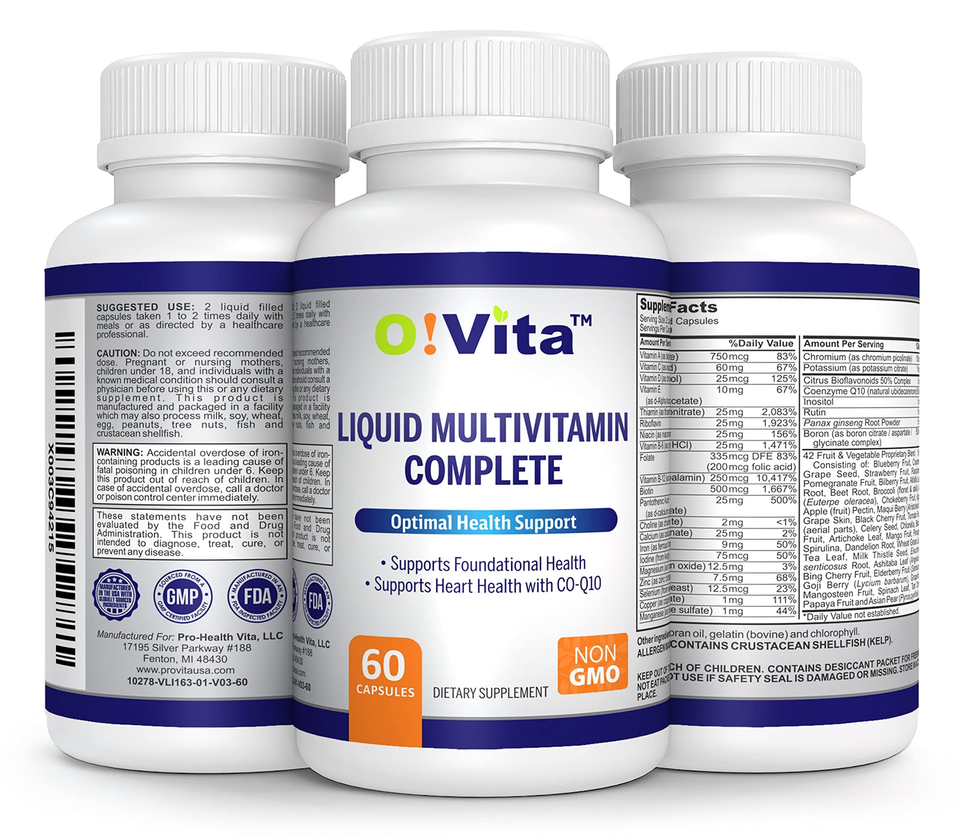 O!VITA Liquid Multivitamin Complete, with a Full Spectrum of Vitamins and Minerals, Plus 42 Fruits and Vegetable Proprietary Blend, Easy Absorption (60 Vegan Liquid Filled Capsules) O!VITA Au supplements
