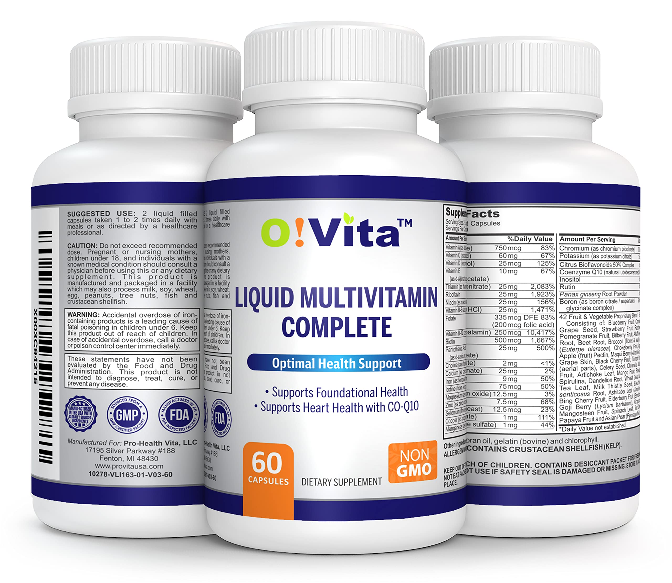 O!VITA Liquid Multivitamin Complete, with a Full Spectrum of Vitamins and Minerals, Plus 42 Fruits and Vegetable Proprietary Blend, Easy Absorption (60 Vegan Liquid Filled Capsules) O!VITA Au supplements