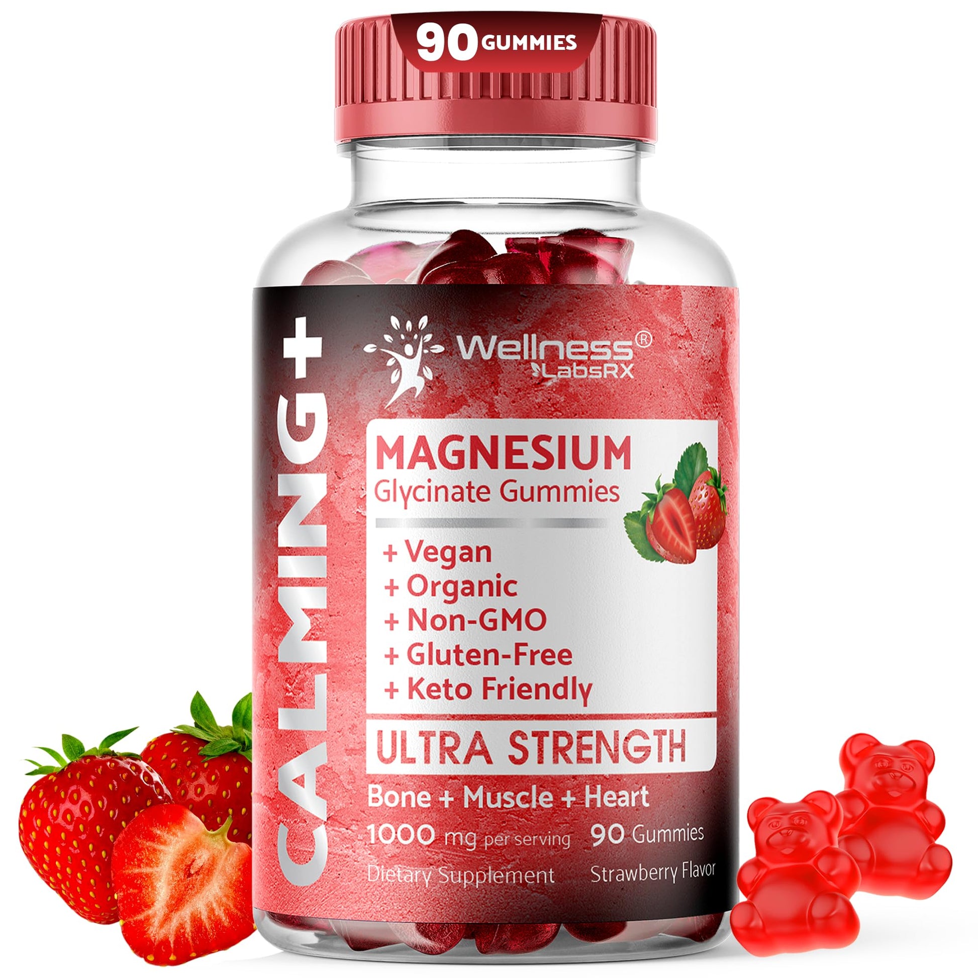 Magnesium Glycinate Gummies, 1000 mg - Magnesium Supplement to Support Relaxation, Heart Health - Chewable Calm Magnesio Gummies for Adults, Glicinato De Magnesio - Strawberry Flavor WELLNESS LABSRX Au supplements